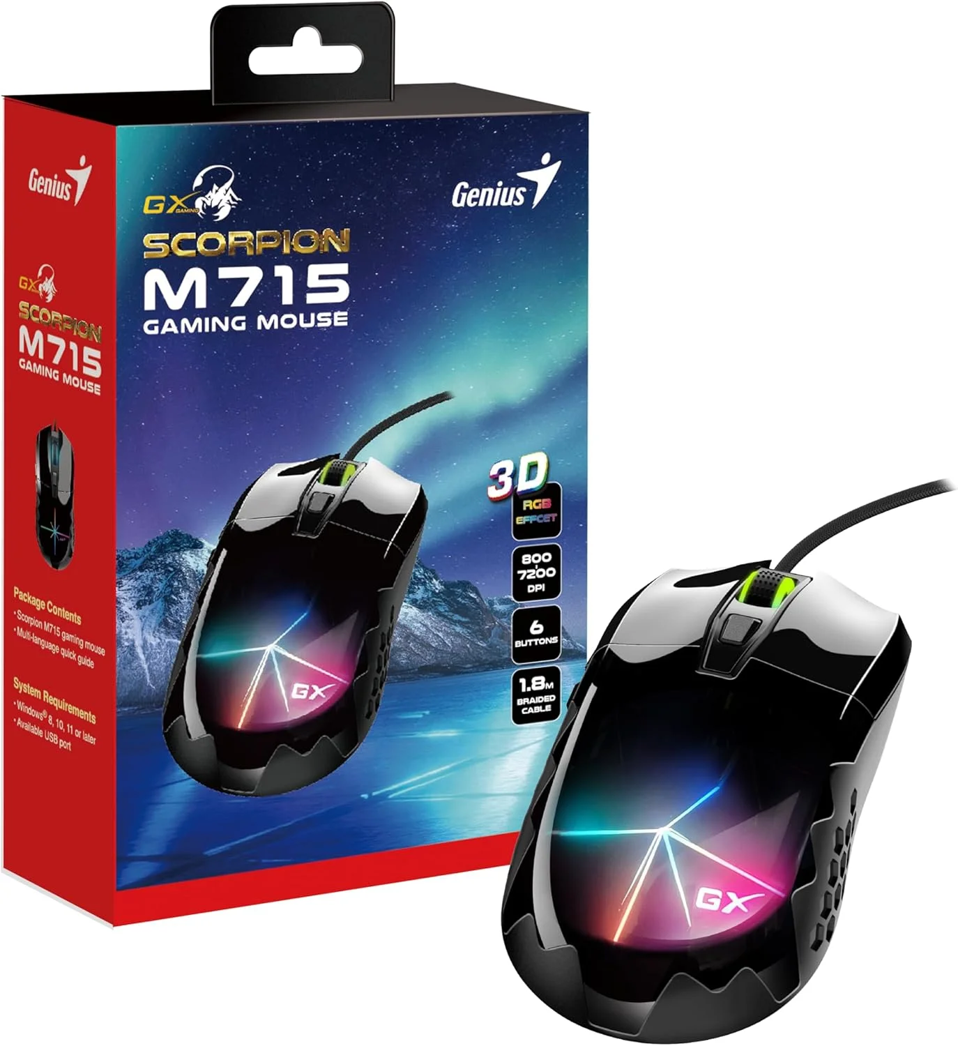 موس گیمینگ جنیوس Scorpion M715، مشکی USB، 7200 DPI، دارای 6 دکمه قابل برنامه ریزی و حافظه داخلی، نورپردازی RGB تنفسی - سازگار با لپ تاپ و کامپیوتر
