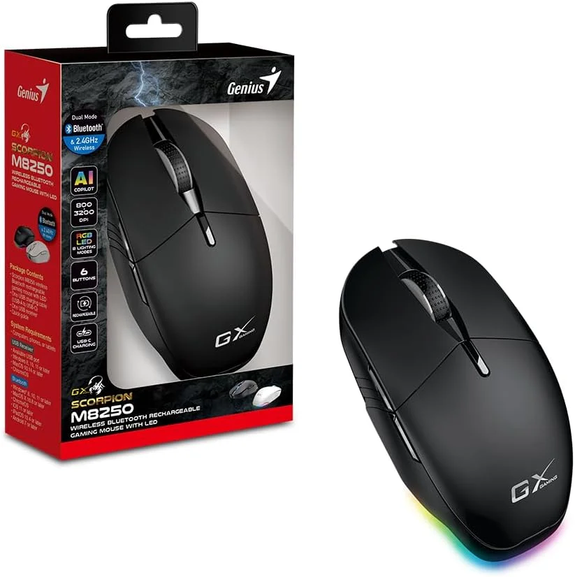 موس گیمینگ بی سیم قابل شارژ Genius Scorpion M8250، 3200 DPI، بلوتوث/2.4G، نورپردازی LED هفت رنگ، 8 حالت نور پس زمینه، 6 دکمه، DPI قابل تنظیم با دستیار هوش مصنوعی، مشکی
