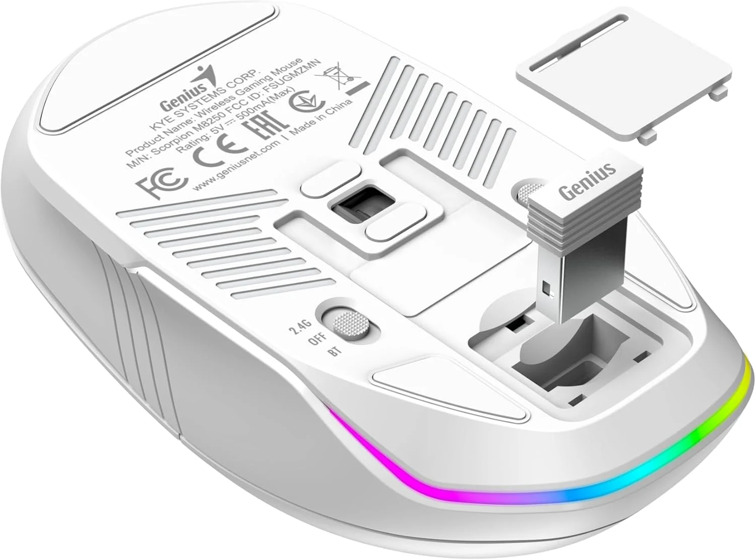 موس گیمینگ بی سیم قابل شارژ Genius Scorpion M8250، 3200 DPI، بلوتوث/2.4G، نور پس زمینه 7 رنگ LED، 8 حالت نورپردازی، 6 دکمه، DPI قابل تنظیم با دستیار هوش مصنوعی، سفید موس گیمینگ بی سیم قابل شارژ Genius Scorpion M8250، 3200 DPI، بلوتوث/2.4G، نور پس زمینه 7 رنگ LED، 8 حالت نورپردازی، 6 دکمه، DPI قابل تنظیم با دستیار هوش مصنوعی، سفید