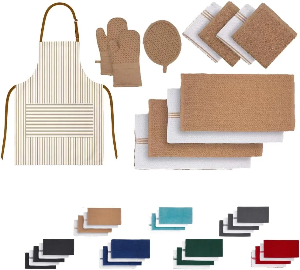 ست 12 تکه حوله آشپزخانه Cloud Scape Linen شامل دستمال های جاذب و حوله های آشپزخانه، لوازم ضروری آشپزخانه با دستگیره سیلیکونی ضد لغزش، بژ