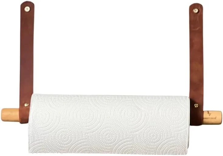 نگهدارنده حوله کاغذی بامبو به سبک ژاپنی - میله حوله ای مینیمالیستی ساخته شده از چوب جامد و چرم - پخش کننده رول نصب شده روی دیوار (مدل A)