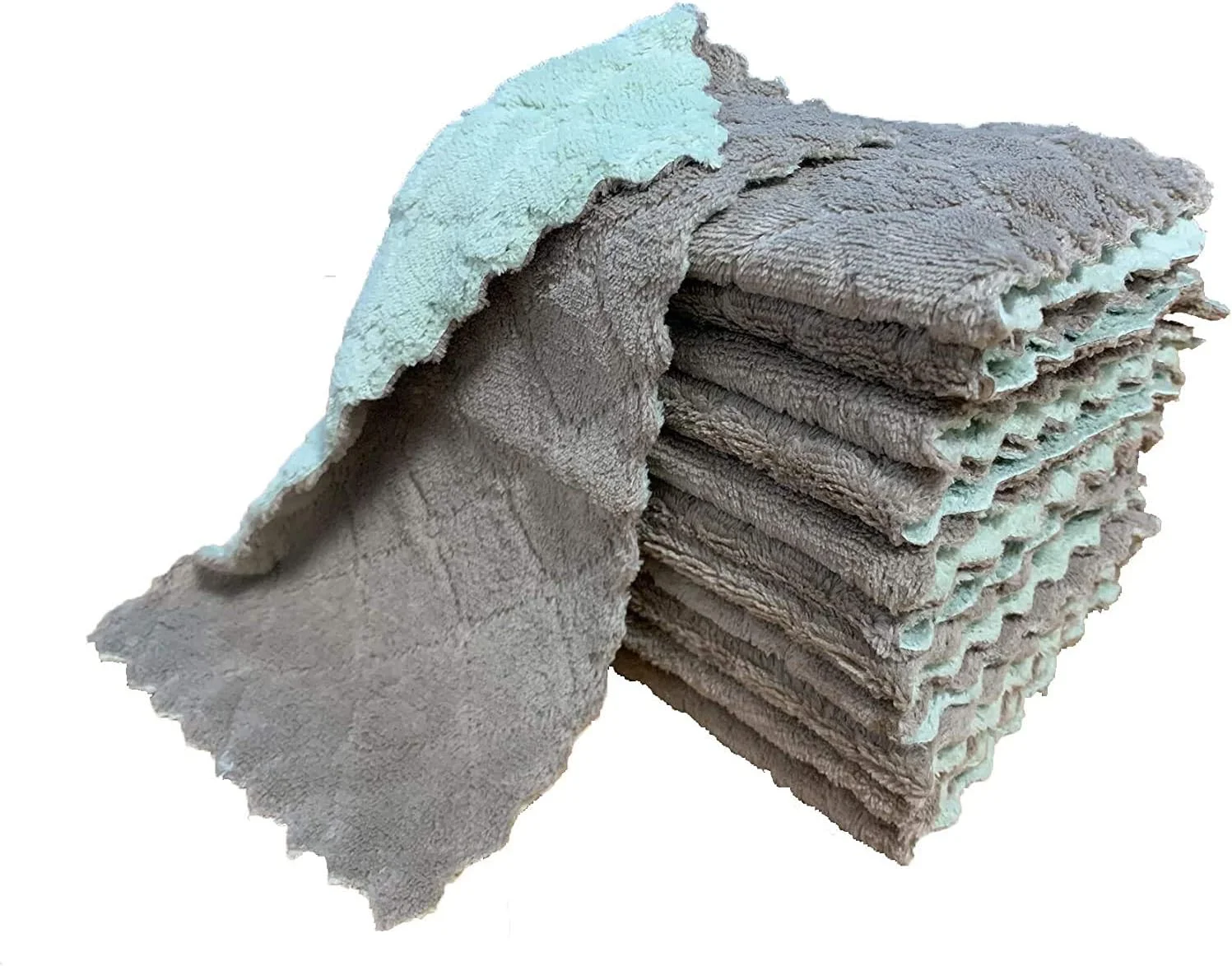 دستمال آشپزخانه 12 عددی AMERTEER - دستمال نظافت میکروفیبر، دستمال های نرم و جاذب با خشک شدن سریع، دستمال های نظافت آشپزخانه خانگی - سبز و خاکستری (27 x 16 سانتی متر)