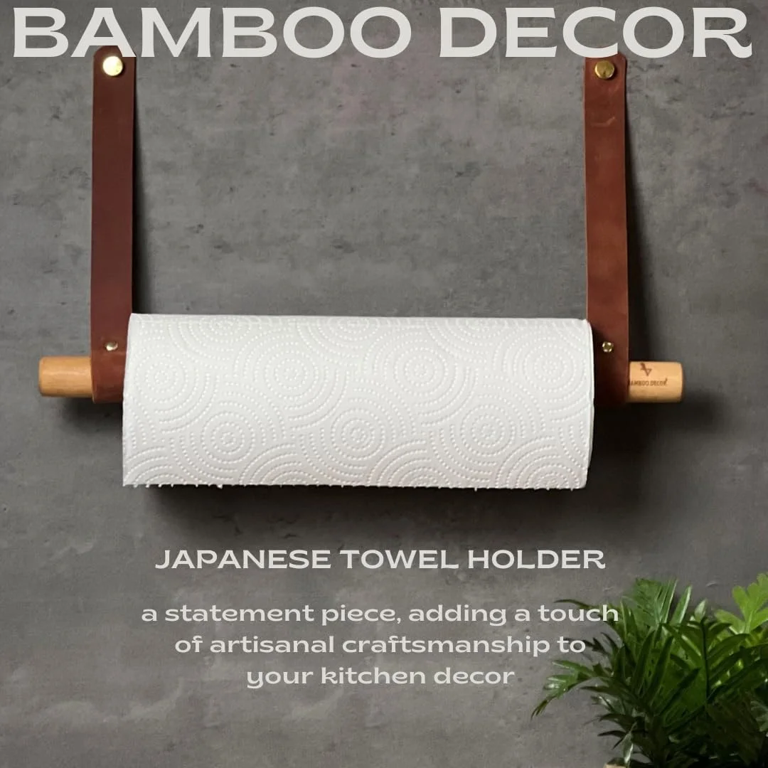نگهدارنده حوله کاغذی بامبو به سبک ژاپنی - میله حوله ای مینیمالیستی ساخته شده از چوب جامد و چرم - پخش کننده رول نصب شده روی دیوار (مدل A)