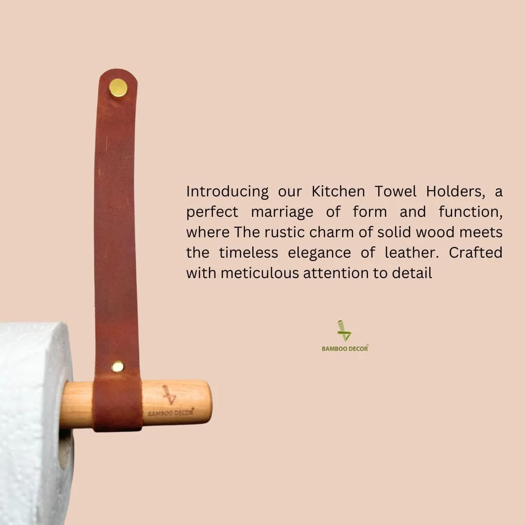 نگهدارنده حوله کاغذی بامبو به سبک ژاپنی - میله حوله ای مینیمالیستی ساخته شده از چوب جامد و چرم - پخش کننده رول نصب شده روی دیوار (مدل A)