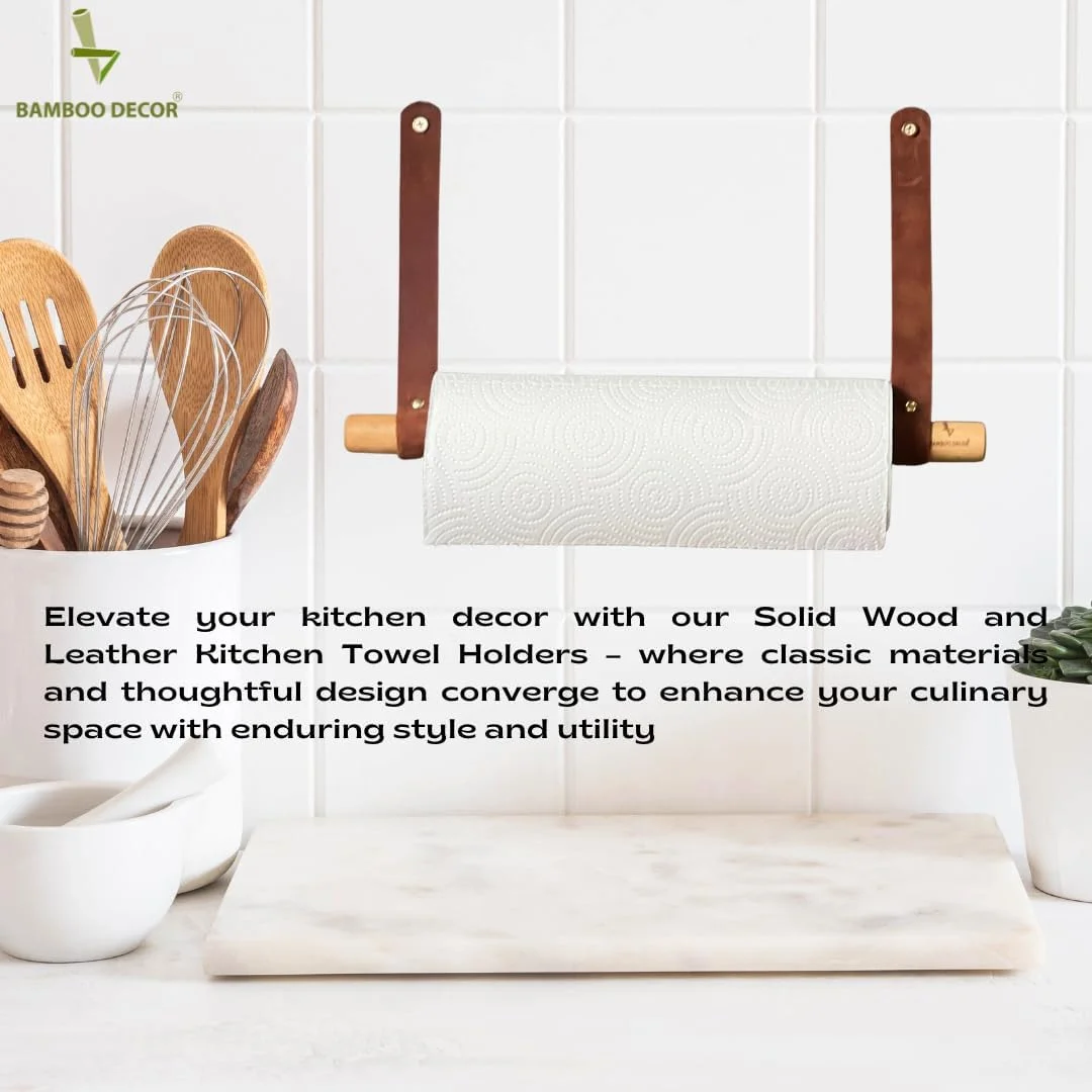نگهدارنده حوله کاغذی بامبو به سبک ژاپنی - میله حوله ای مینیمالیستی ساخته شده از چوب جامد و چرم - پخش کننده رول نصب شده روی دیوار (مدل A)