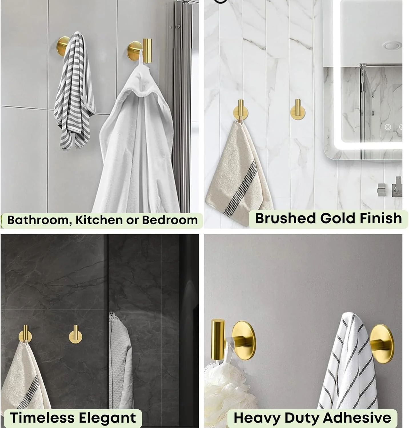 (بسته 2 عددی) قلاب دیواری چسبی طلایی - آویز بدون نیاز به سوراخ برای حوله، لباس، کت و کلید - سازمان دهنده چسبی حمام برای درب و آشپزخانه
