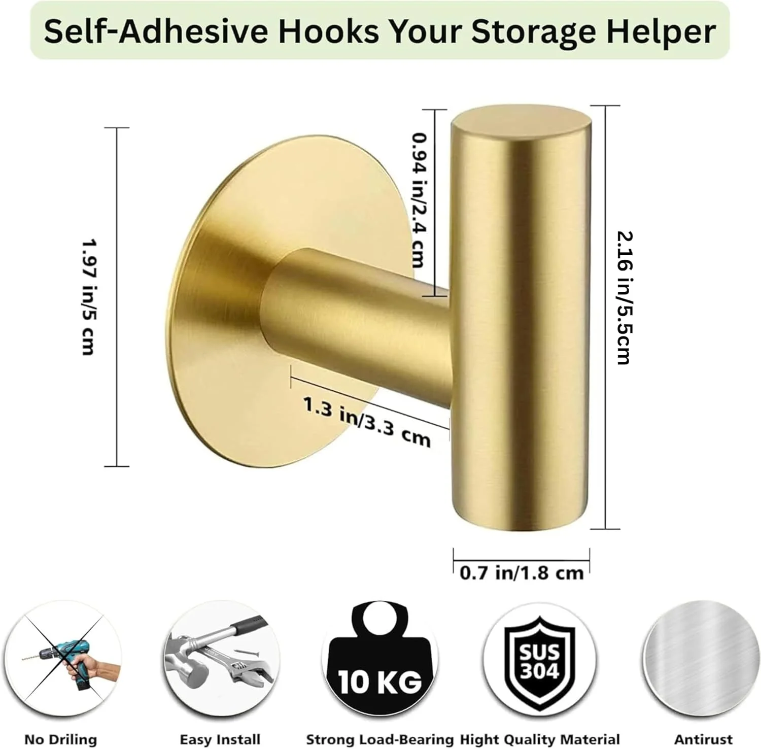 (بسته 2 عددی) قلاب دیواری چسبی طلایی - آویز بدون نیاز به سوراخ برای حوله، لباس، کت و کلید - سازمان دهنده چسبی حمام برای درب و آشپزخانه