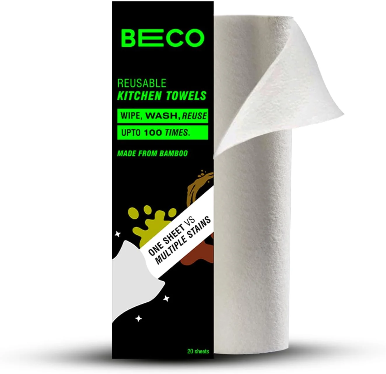 دستمال آشپزخانه رولی قابل استفاده مجدد سازگار با محیط زیست Beco - 20 برگ پارچه بامبو طبیعی و ارگانیک بدون قطع درختان
