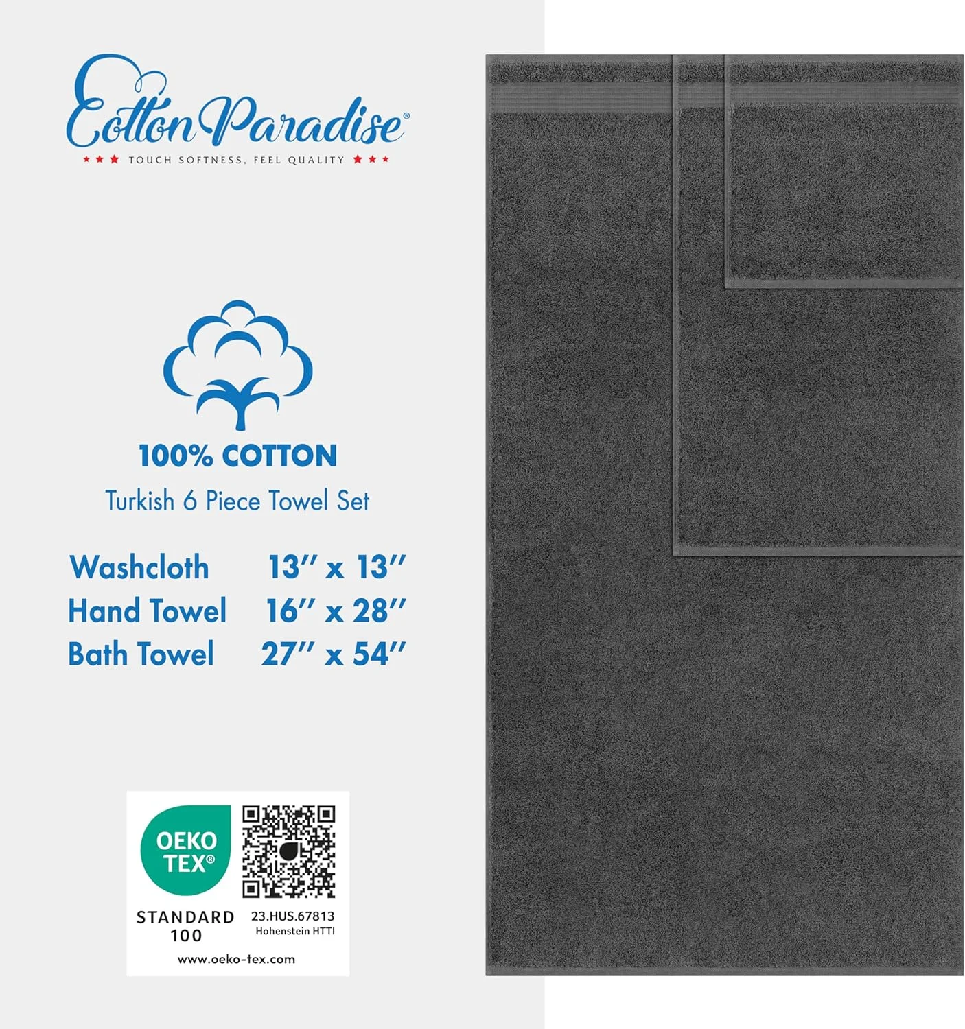 ست حوله 6 تکه هتلی پنبه ای نرم و لطیف مناسب آشپزخانه و حمام، شامل 2 حوله حمام، 2 حوله دستی، 2 لیف، خاکستری ذغالی ست حوله 6 تکه هتلی پنبه ای نرم و لطیف مناسب آشپزخانه و حمام، شامل 2 حوله حمام، 2 حوله دستی، 2 لیف، خاکستری ذغالی