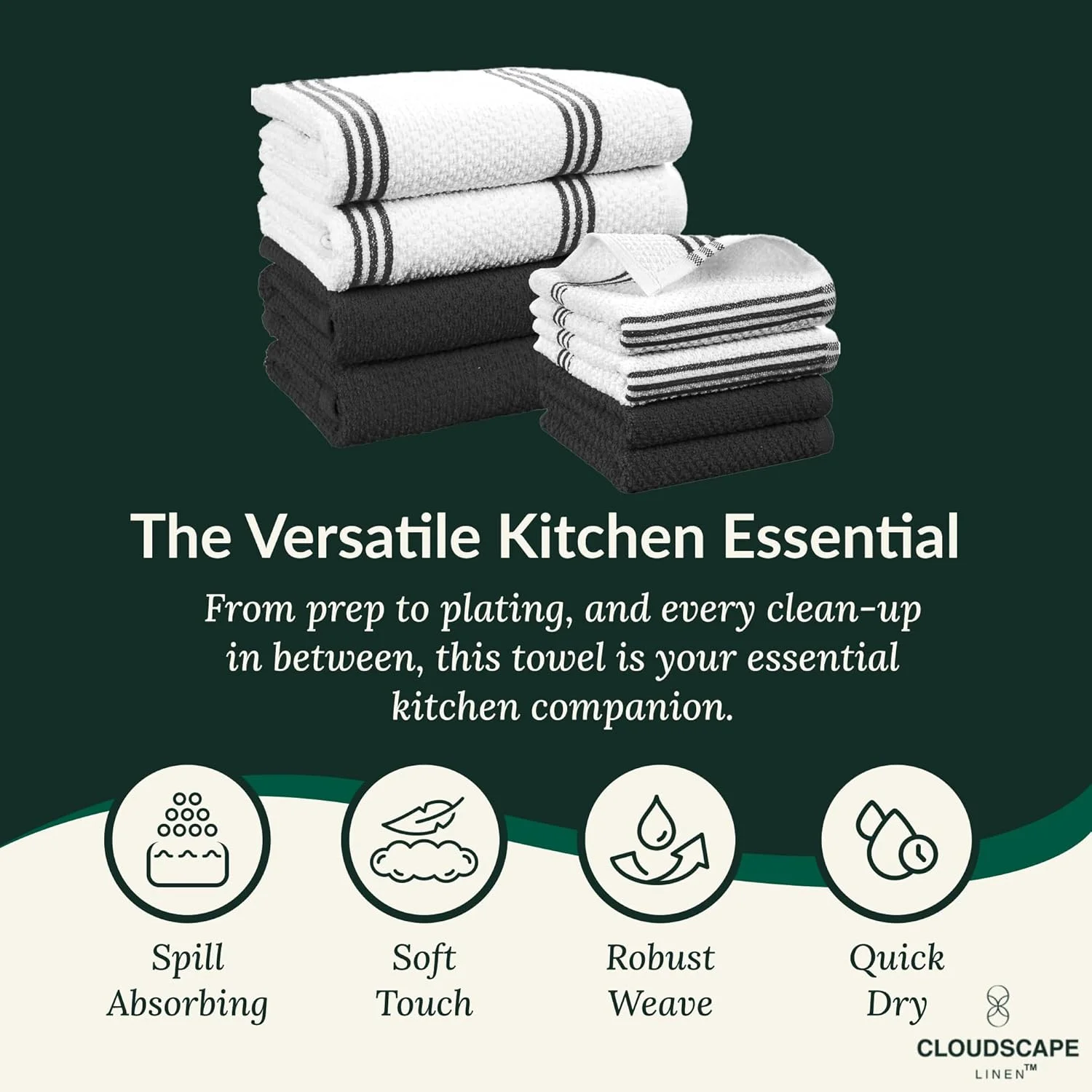 ست حوله آشپزخانه نخی و کتانی Cloud Scape - بسته 8 عددی، 450 GSM، شامل 4 حوله خشک کن (66x36 سانتی متر) و 4 دستمال ظرفشویی (33x33 سانتی متر)، فوق العاده جاذب، حوله های دستی با خشک شدن سریع، مشکی