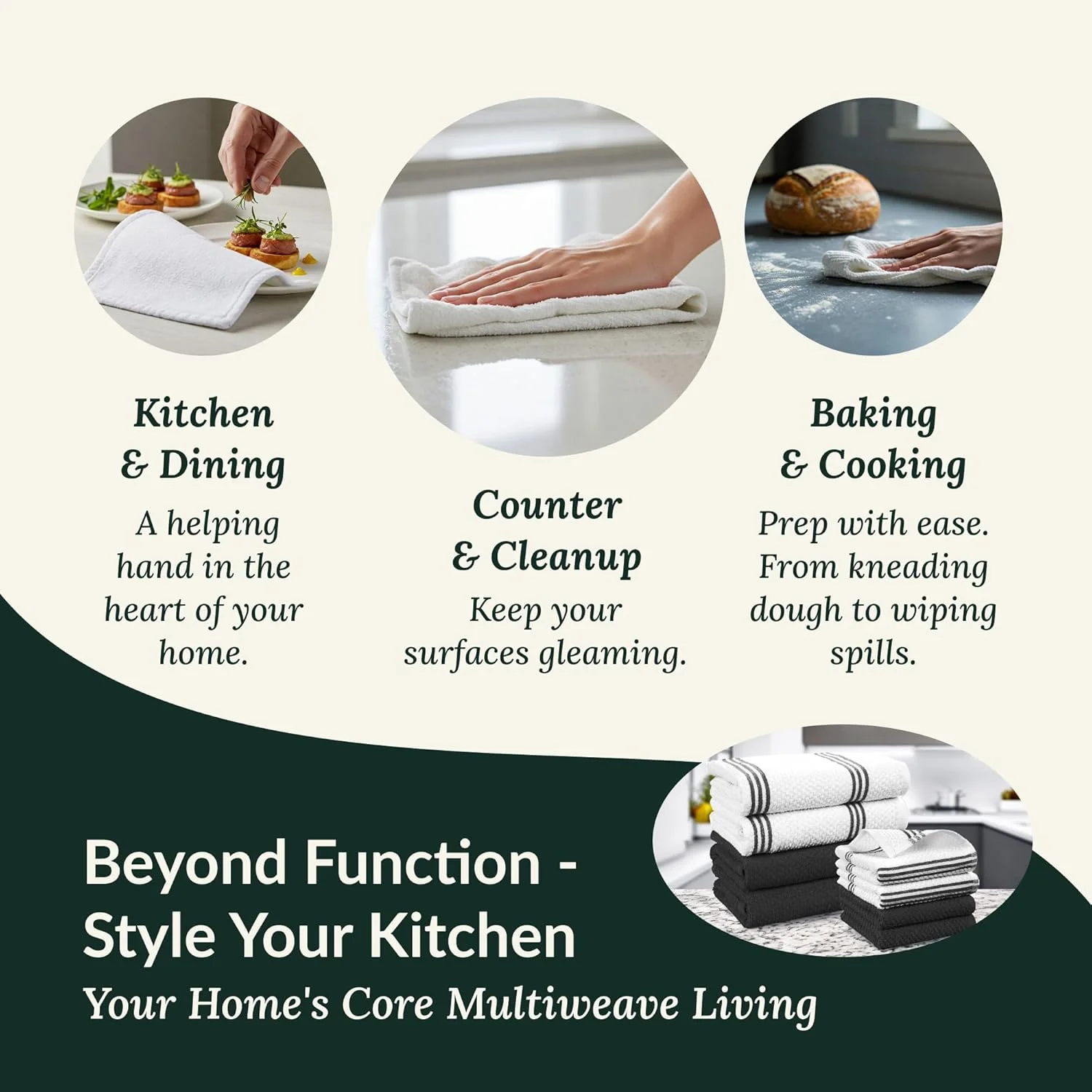 ست حوله آشپزخانه نخی و کتانی Cloud Scape - بسته 8 عددی، 450 GSM، شامل 4 حوله خشک کن (66x36 سانتی متر) و 4 دستمال ظرفشویی (33x33 سانتی متر)، فوق العاده جاذب، حوله های دستی با خشک شدن سریع، مشکی