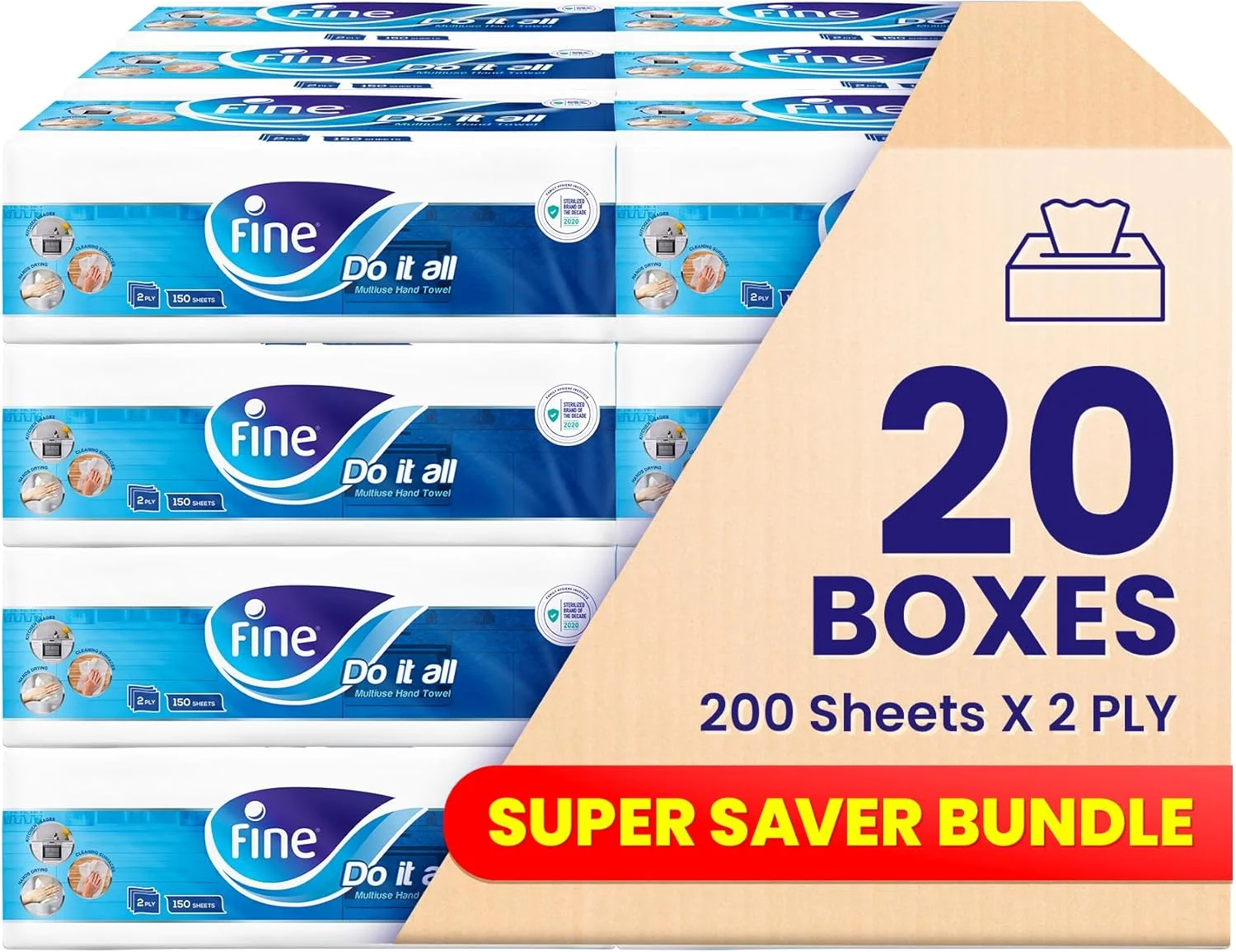 دستمال کاغذی آشپزخانه چند منظوره فاین، 150 برگ دولایه، 20 بسته