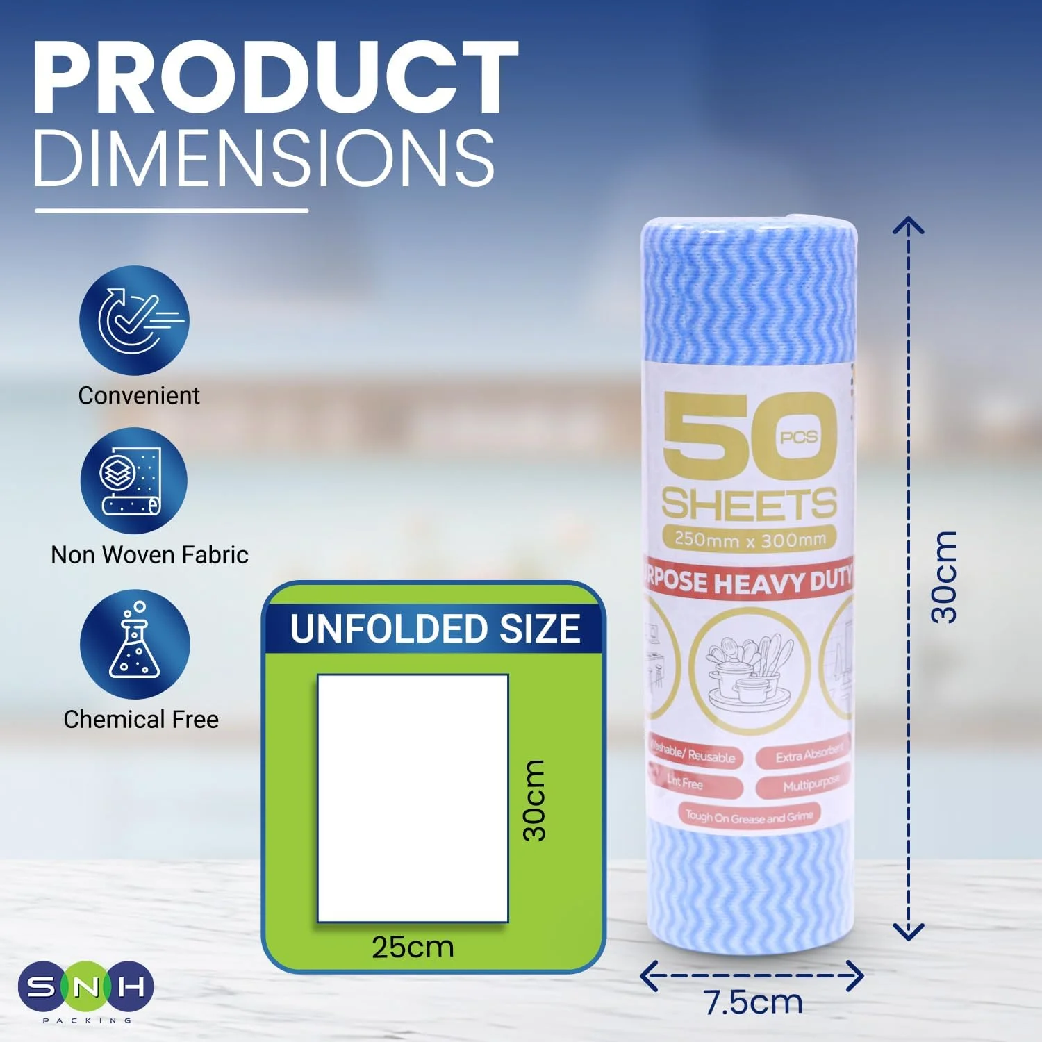 دستمال‌های تمیز کننده چندبار مصرف الفجر - 3 رول (150 برگ)، 25×30 سانتی‌متر، آبی | حوله‌های آشپزخانه چند منظوره، دستمال مرطوب تمیز کننده یکبار مصرف، دستمال‌های ظرف غیر بافته، دستمال‌های نظافت منزل