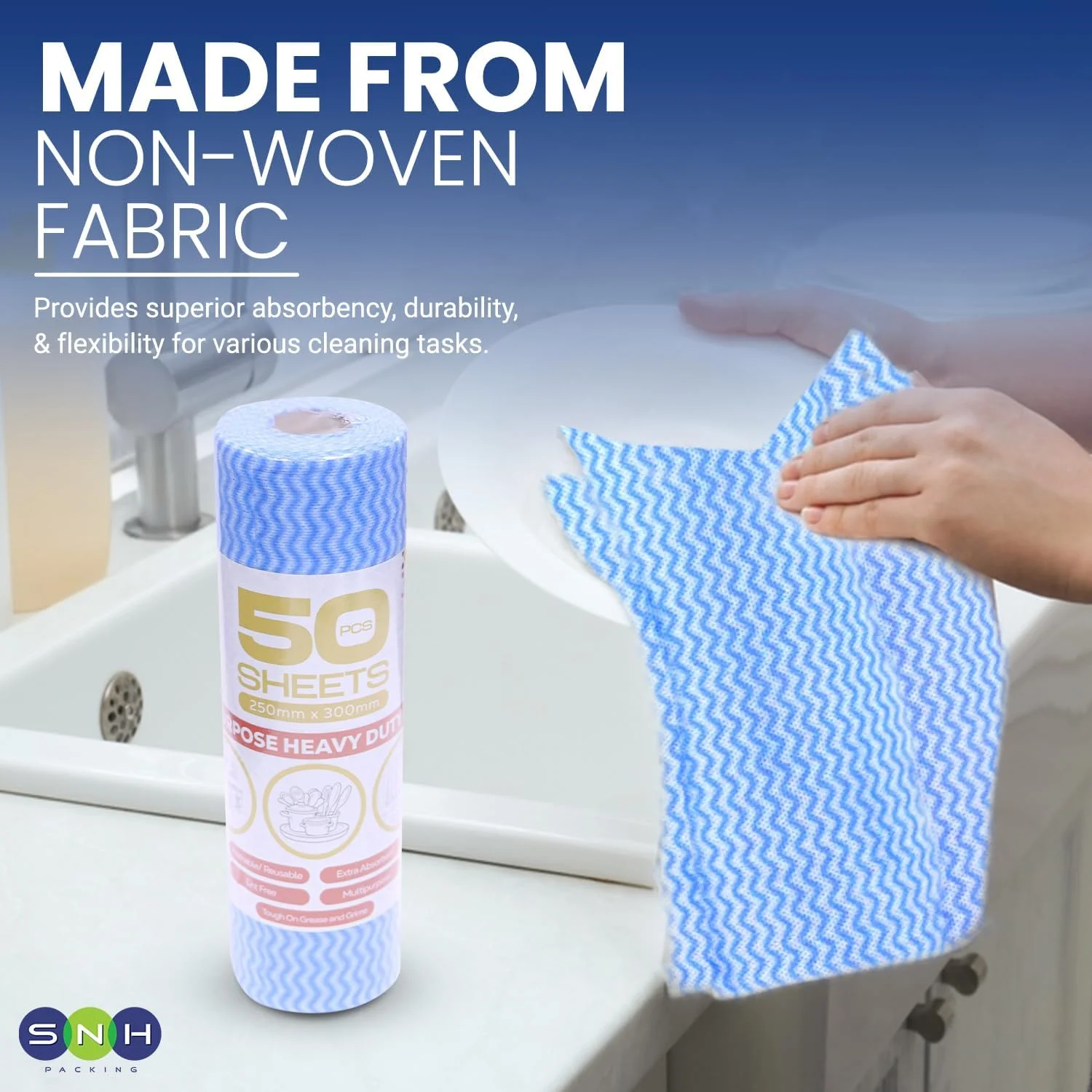 دستمال‌های تمیز کننده چندبار مصرف الفجر - 3 رول (150 برگ)، 25×30 سانتی‌متر، آبی | حوله‌های آشپزخانه چند منظوره، دستمال مرطوب تمیز کننده یکبار مصرف، دستمال‌های ظرف غیر بافته، دستمال‌های نظافت منزل