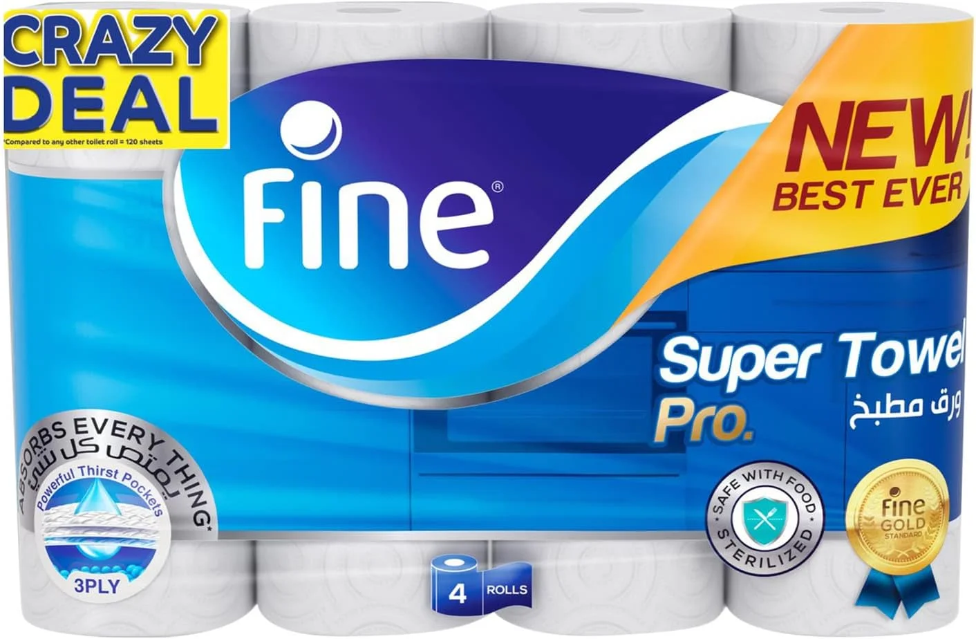 دستمال حوله ای سوپر فاین پرو 3 لایه 4 رول