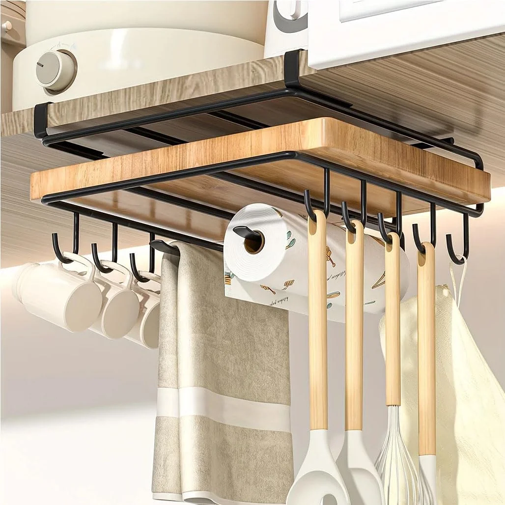 آویز لیوان زیر کابینت گودرن، نگهدارنده دستمال کاغذی زیر کابینت، سازمان دهنده تخته برش، قفسه نگهداری فنجان آشپزخانه بدون نیاز به سوراخ کاری، نگهدارنده درب قابلمه صرفه جویی در فضا، آویز شال گردن کمد لباس - مشکی