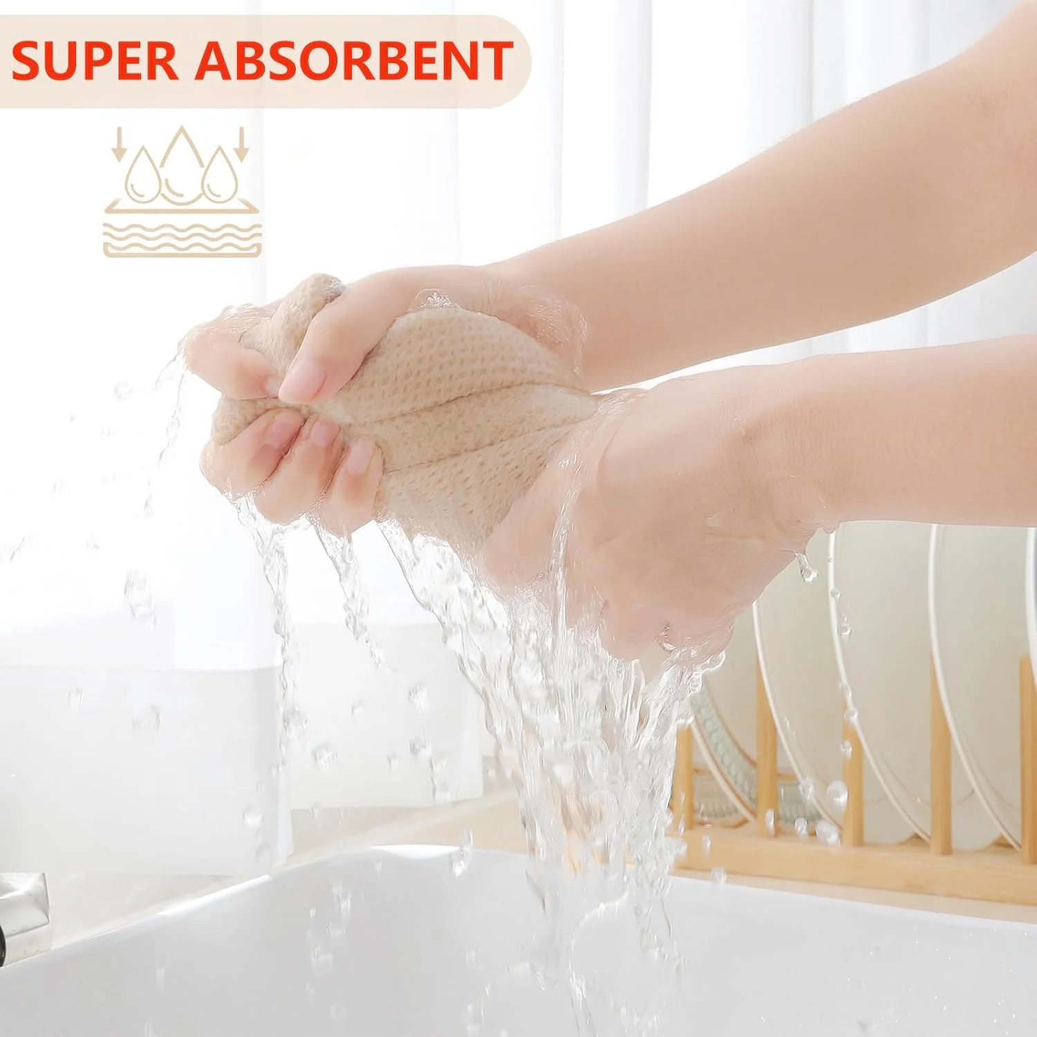 دستمال آشپزخانه بافت وافلی Homaxy، 100% پنبه، فوق العاده نرم، جاذب و زود خشک شونده، 30x30 سانتی متر، بسته 6 عددی، بژ