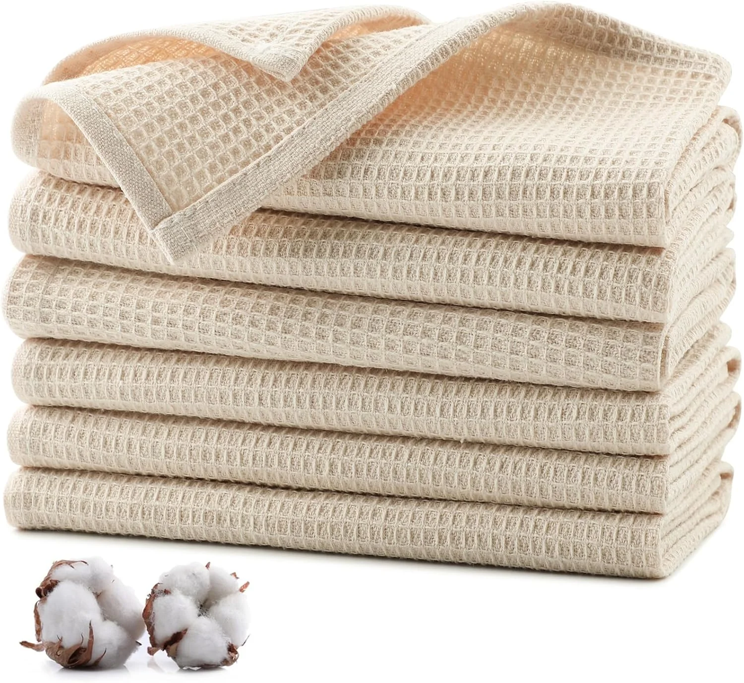 دستمال آشپزخانه 100% پنبه، بسته 6 عددی، 35 × 35 سانتی متر، دستمال نرم آشپزخانه، دستمال وافل جاذب، دستمال خشک، پارچه تمیز کننده - بژ