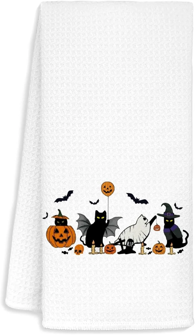 دستمال آشپزخانه طرح هالووین، دستمال ظرف گربه ای، دستمال چای برای آشپزخانه، دستمال دستی حمام طرح هالووین، دکور حمام آشپزخانه هالووین، هدیه گربه 40x60 سانتی متر