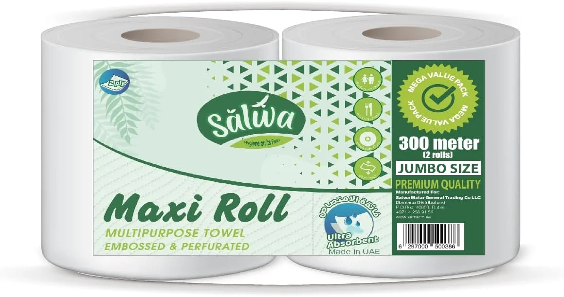 رول حوله ای بزرگ سلوی، بسته دوتایی، ۱۰۰۰+ برگه، دستمال کاغذی دولایه، حوله آشپزخانه، کیفیت عالی و مرغوب، منقش و استرلیزه شده، ۶۰۰ متر، ۲ رول، مناديل ماكسي رول
