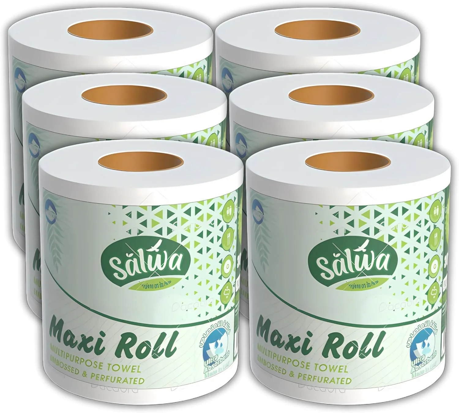 دستمال رولی بزرگ سلوی، 2 لایه، بیش از 3000 برگ، بسته 6 عددی، حوله آشپزخانه، با کیفیت و مرغوب، منقش و استریلیزه شده، 600 متر، 6 رول