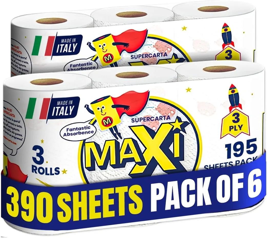 دستمال کاغذی آشپزخانه 3 لایه - 390 برگ - بسته 6 عددی - 65 برگ در هر رول - ساخت ایتالیا، بسیار جاذب و با بافت نرم