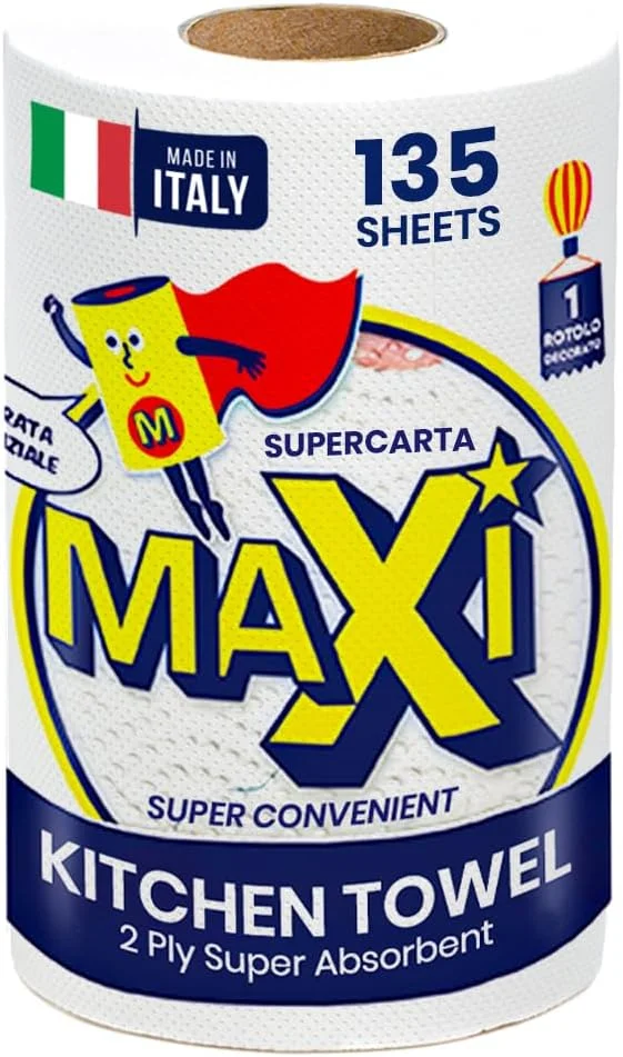 دستمال کاغذی رولی آشپزخانه سوپرکارتا ماکسی 2 لایه 135 برگی - دستمال نرم منقش با جذب بالا - برگه های بسیار بزرگ 210x216 میلی متر