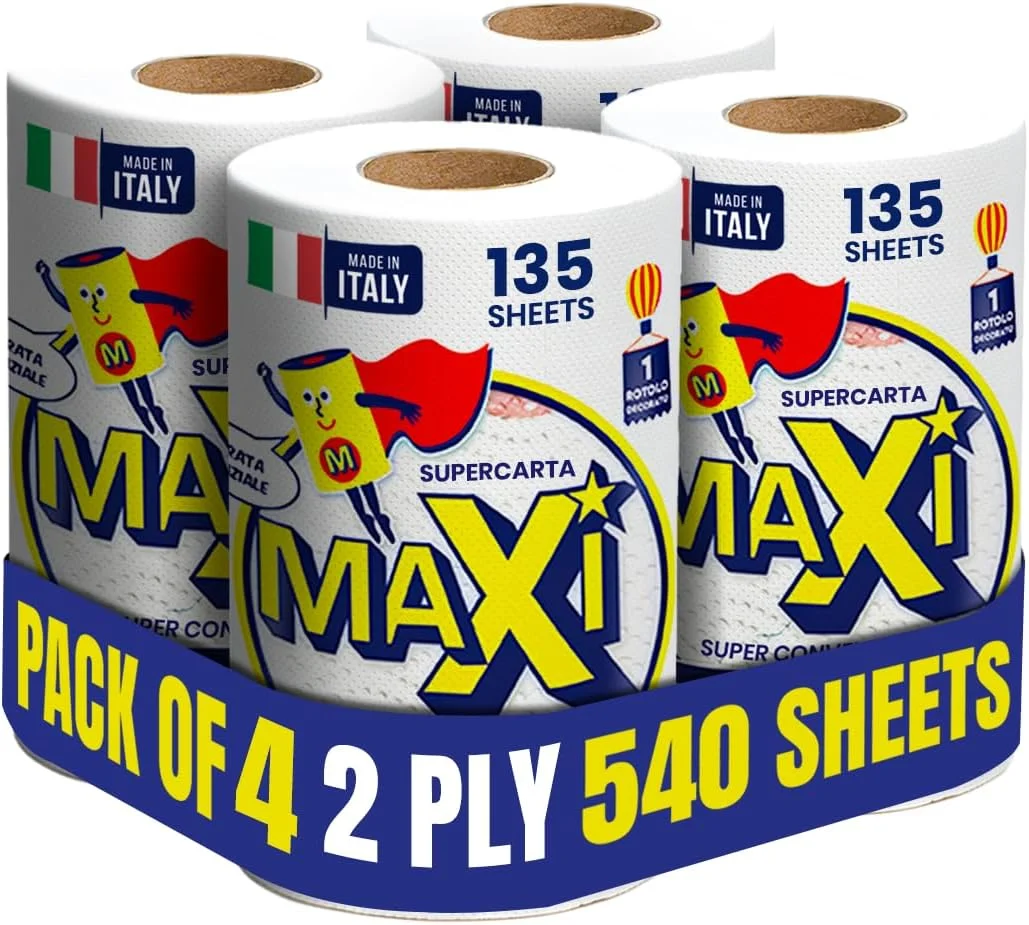 دستمال کاغذی آشپزخانه دولایه ماکسی سوپرکارتا 540 برگی - بسته 4 عددی - 135 برگ در هر رول - ساخت ایتالیا، فوق العاده جاذب و با بافت نرم دستمال کاغذی آشپزخانه دولایه ماکسی سوپرکارتا 540 برگی - بسته 4 عددی - 135 برگ در هر رول - ساخت ایتالیا، فوق العاده جاذب و با بافت نرم
