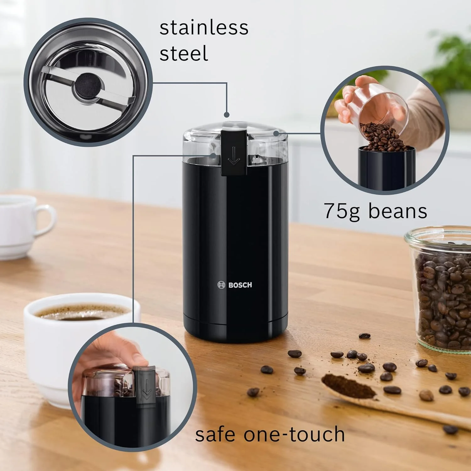 آسیاب قهوه بوش، برای 75 گرم دانه قهوه، عملکرد ایمنی، تیغه خردکن استیل ضد زنگ، مشکی، MKM6003NGB