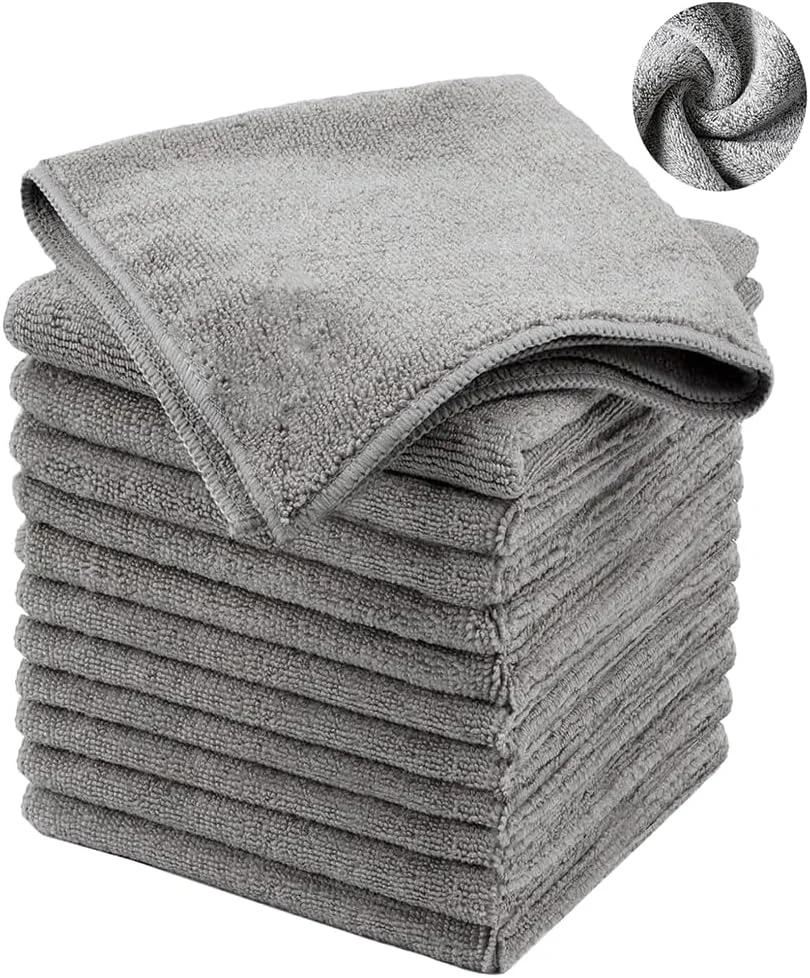 ۱۲ عدد دستمال نظافت میکروفایبر، حوله های قابل شستشو و استفاده مجدد با الیاف زغال بامبو، دستمال آشپزخانه برای شستشوی ظروف و پخت و پز (خاکستری)