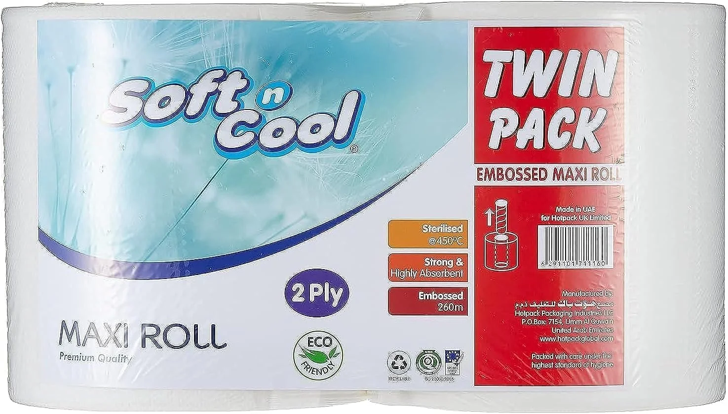 بسته دوقلوی سافت اند کول، سازگار با محیط زیست، بسیار جاذب، رول ماکسی با کیفیت عالی 260 متری (2 رول 130 متری)
