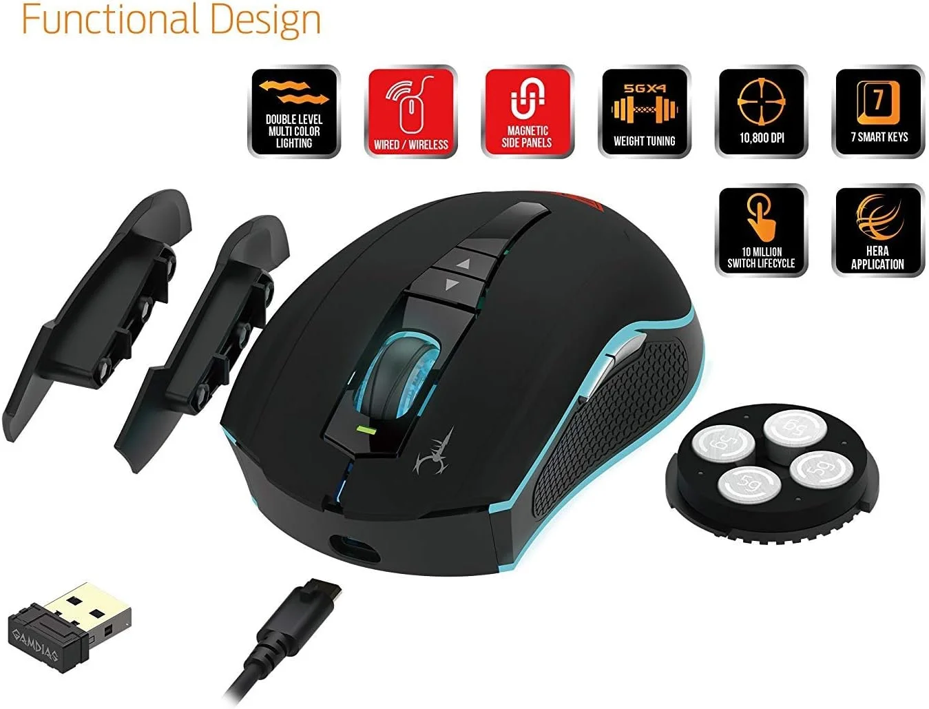 موس گیمینگ اپتیکال بی سیم GAMDIAS Hades M1 RGB دو سطحی 10800DPI قابل تنظیم 7 دکمه قابل برنامه ریزی نرم افزار Hera
