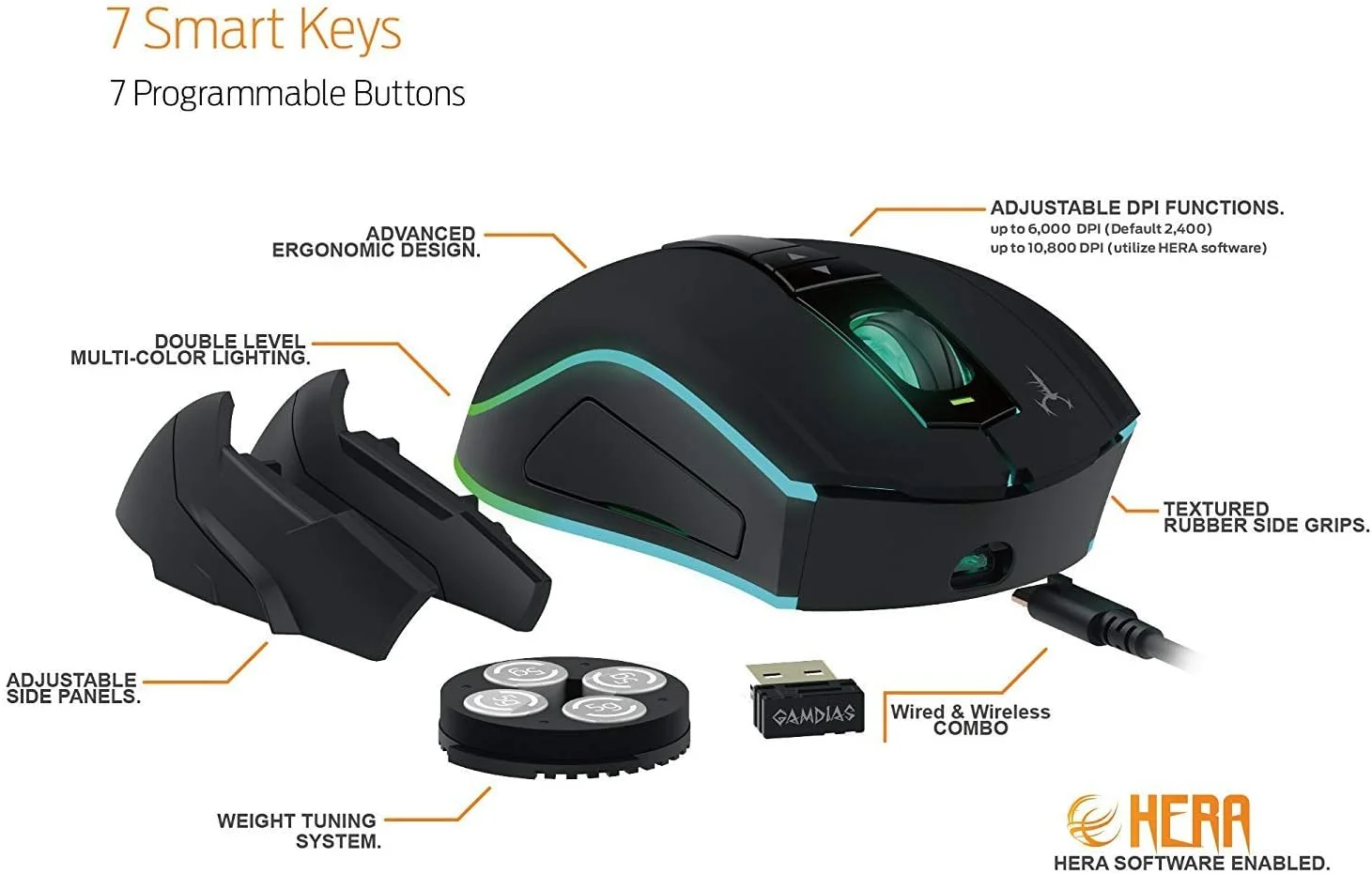 موس گیمینگ اپتیکال بی سیم GAMDIAS Hades M1 RGB دو سطحی 10800DPI قابل تنظیم 7 دکمه قابل برنامه ریزی نرم افزار Hera