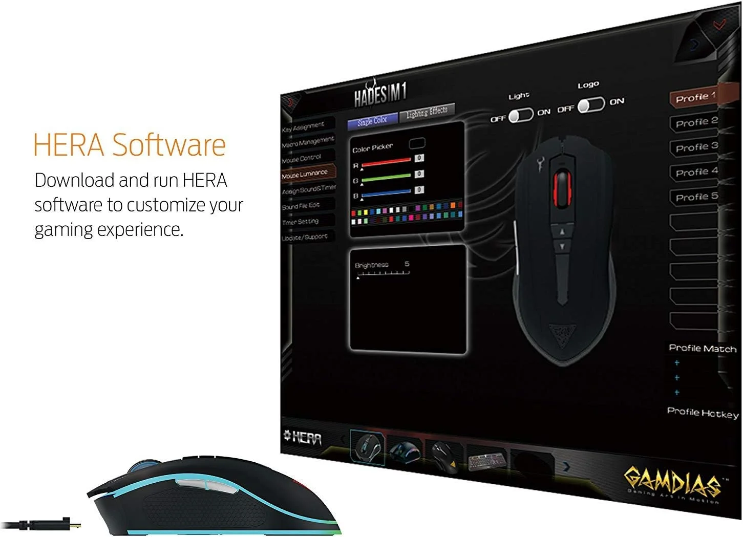 موس گیمینگ اپتیکال بی سیم GAMDIAS Hades M1 RGB دو سطحی 10800DPI قابل تنظیم 7 دکمه قابل برنامه ریزی نرم افزار Hera