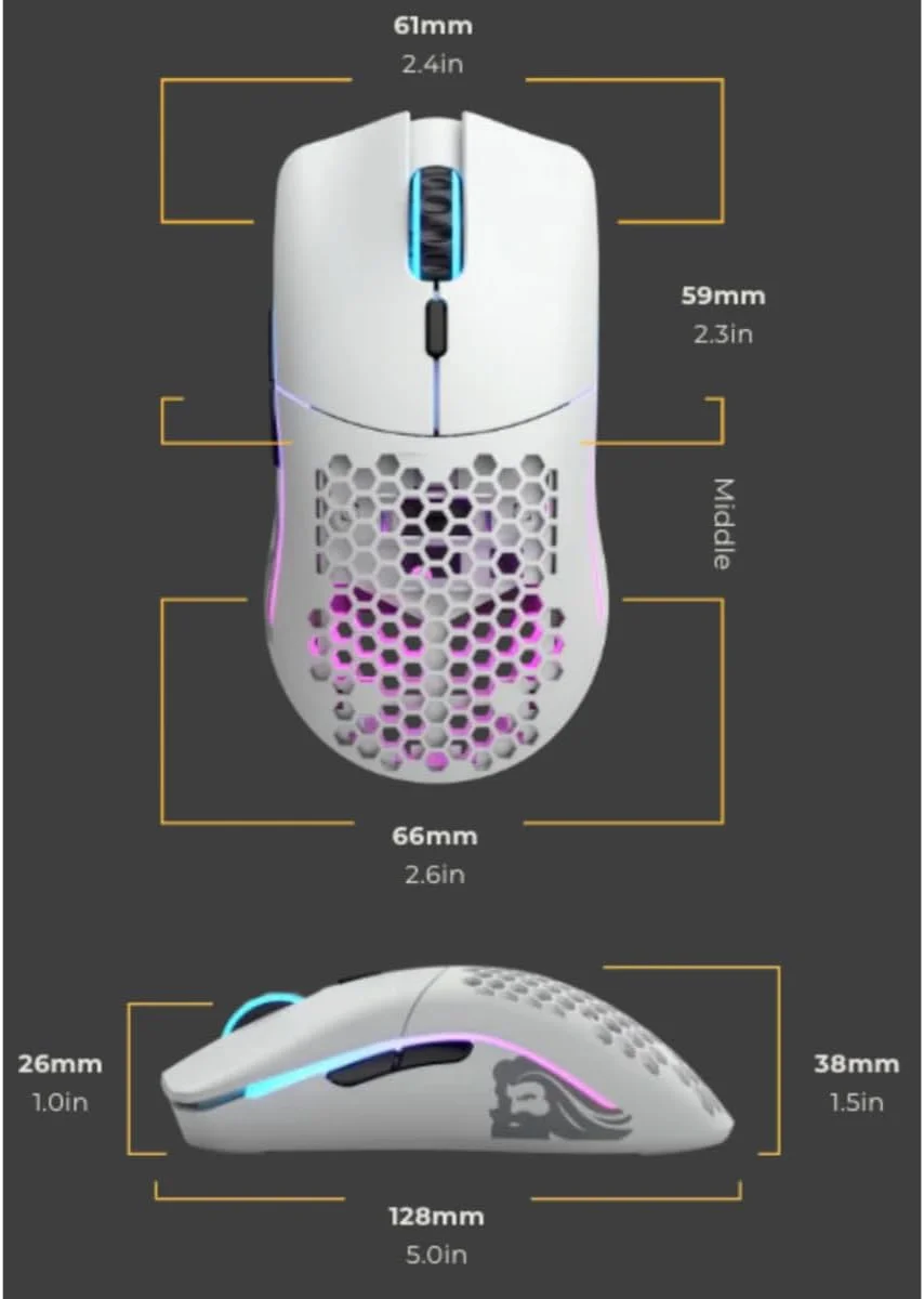 موس گیمینگ بی سیم Glorious Gaming Model O - فوق سبک، طراحی لانه زنبوری 69 گرمی، RGB، دو طرفه، بی سیم 2.4 گیگاهرتز بدون تاخیر، تا 71 ساعت عمر باتری - سفید مات موس گیمینگ بی سیم Glorious Gaming Model O - فوق سبک، طراحی لانه زنبوری 69 گرمی، RGB، دو طرفه، بی سیم 2.4 گیگاهرتز بدون تاخیر، تا 71 ساعت عمر باتری - سفید مات