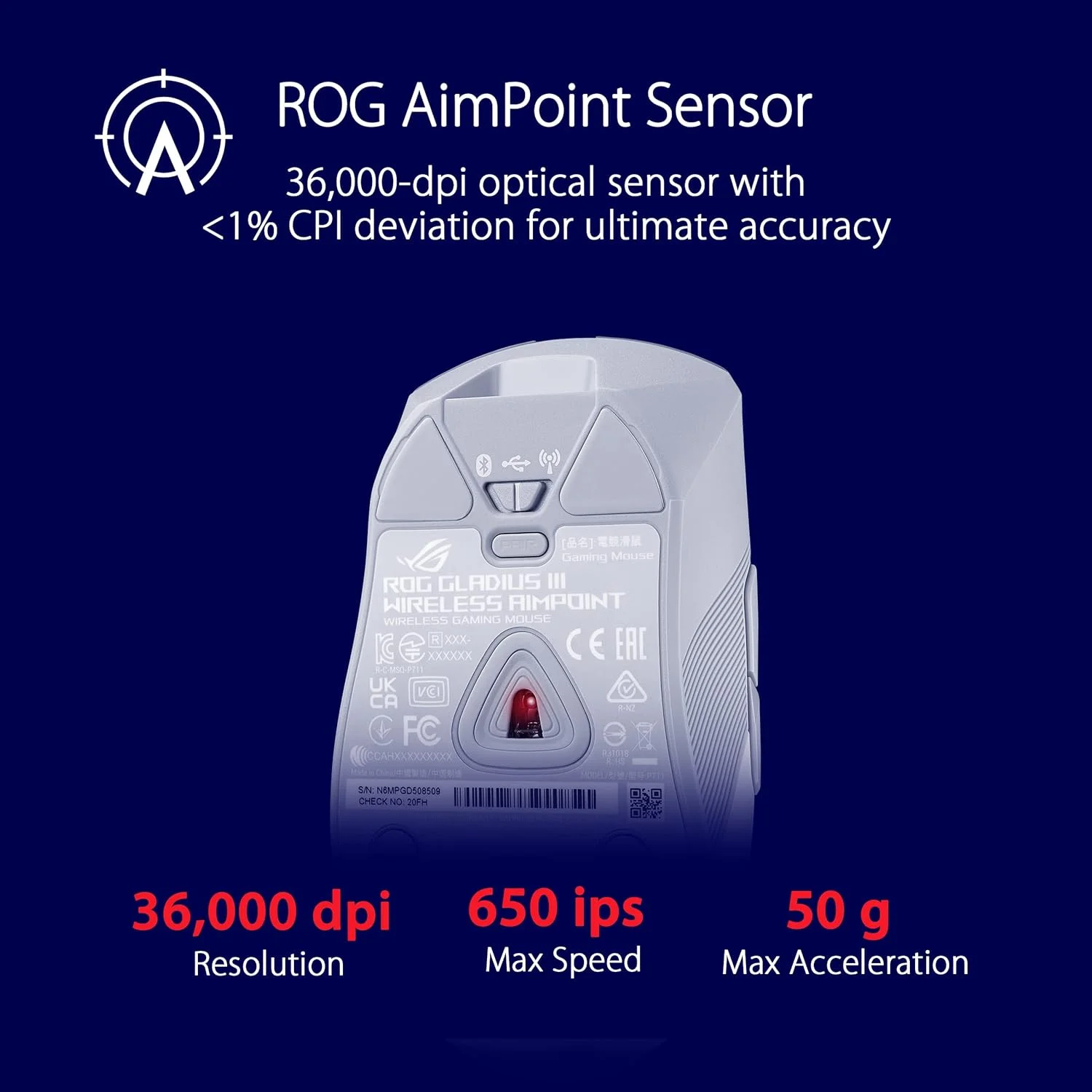 ماوس گیمینگ بی سیم ایسوس ROG Gladius III AimPoint، سنسور 36000 DPI، 6 دکمه قابل برنامه ریزی، اتصال (RF 2.4 گیگاهرتز، بلوتوث، سیمی)، ROG SpeedNova، سوئیچ های قابل تعویض، کابل Paracord - سفید ماوس گیمینگ بی سیم ایسوس ROG Gladius III AimPoint، سنسور 36000 DPI، 6 دکمه قابل برنامه ریزی، اتصال (RF 2.4 گیگاهرتز، بلوتوث، سیمی)، ROG SpeedNova، سوئیچ های قابل تعویض، کابل Paracord - سفید