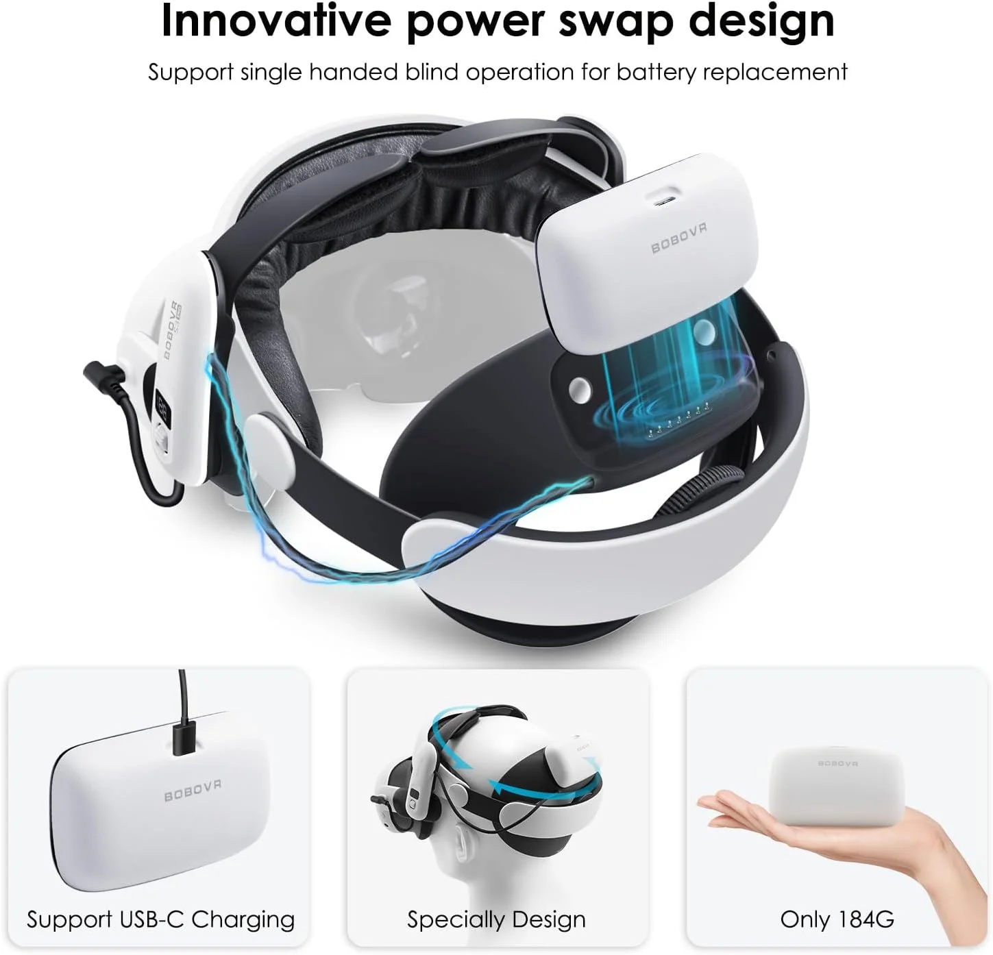 لوازم جانبی هدست واقعیت مجازی BOBOVR S3 Pro Super Strap سازگار با Meta Quest 3، هدبند 2 در 1 و سیستم تهویه هوای سر، بسته باتری 10000 میلی آمپر ساعتی قابل تعویض مناسب برای Oculus Quest3