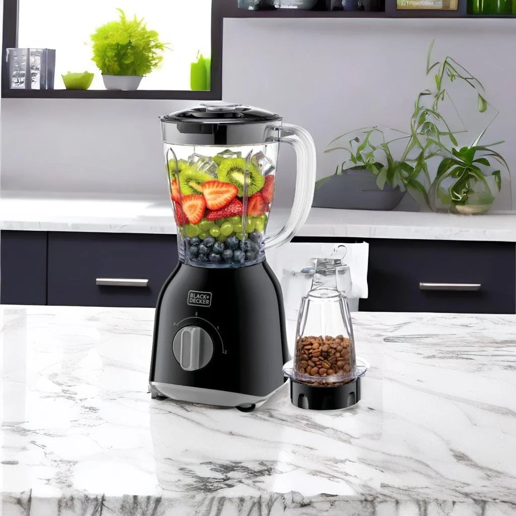 مخلوط کن بلک اند دکر با آسیاب، 400 وات، 2 عدد پارچ مخلوط کن 1.0 لیتری، کنترل 2 سرعته + پالس، تیغه های جداشدنی، سیستم قفل چرخشی، پایه های ضد لغزش، برای قهوه، سبزیجات و اسموتی، مشکی - BX365PR-B5