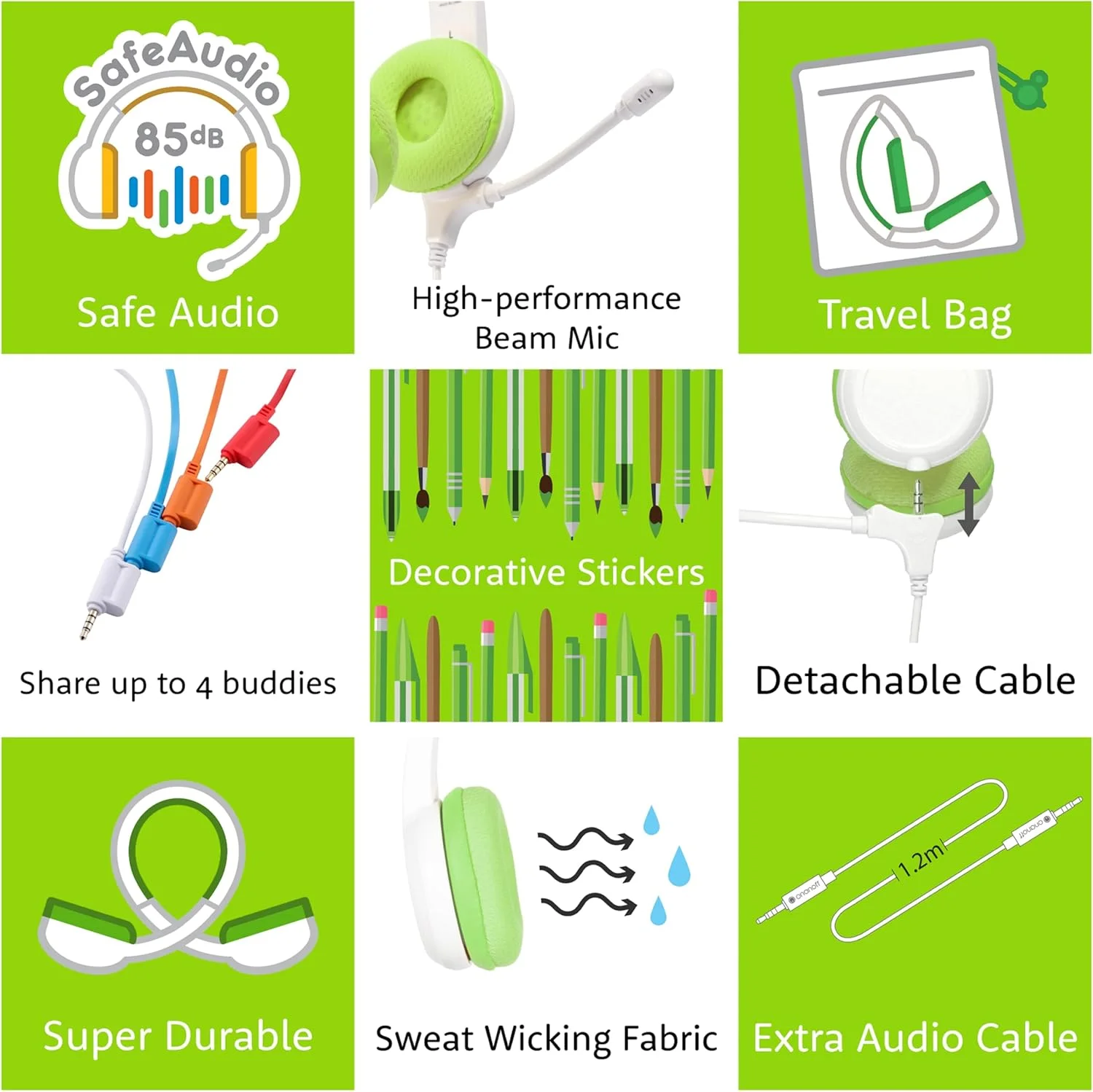 هدفون مدرسه ای ONANOFF BuddyPhones School+ با صدای ایمن برای کودکان، میکروفون BeamMic با عملکرد بالا، کابل BuddyCable جداشدنی، پد گوشی ضد حساسیت با کیف حمل، سبز هدفون مدرسه ای ONANOFF BuddyPhones School+ با صدای ایمن برای کودکان، میکروفون BeamMic با عملکرد بالا، کابل BuddyCable جداشدنی، پد گوشی ضد حساسیت با کیف حمل، سبز