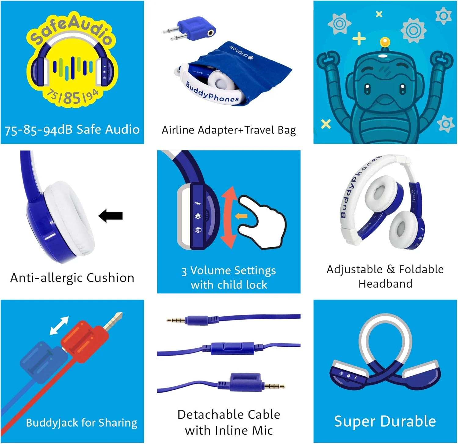 هدفون تاشو کودکانه ONANOFF BuddyPhones - مناسب برای پرواز - دارای تقسیم کننده هدفون داخلی و میکروفون داخلی، ایده آل برای استفاده در هواپیما (آبی) هدفون تاشو کودکانه ONANOFF BuddyPhones - مناسب برای پرواز - دارای تقسیم کننده هدفون داخلی و میکروفون داخلی، ایده آل برای استفاده در هواپیما (آبی)