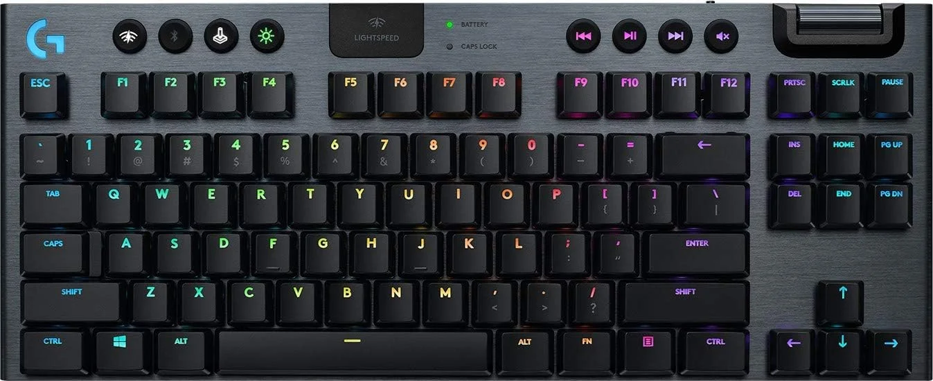 کیبورد گیمینگ مکانیکی لاجیتک G915 TKL Tenkeyless Lightspeed RGB برای لپ تاپ و کامپیوتر، سوییچ Low Profile، LIGHTSYNC RGB، بی سیم، عملکرد بلوتوث، مشکی