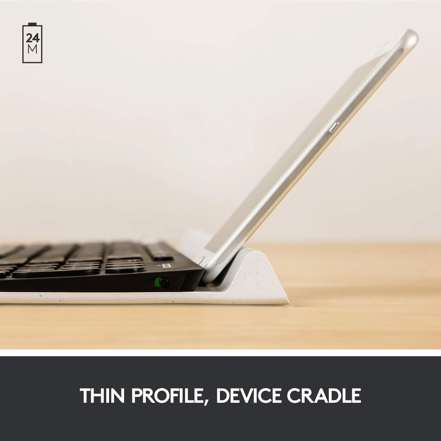 کیبورد بی‌سیم چند دستگاهی لاجیتک K780 برای ویندوز، اپل، اندروید یا کروم، بی‌سیم 2.4 گیگاهرتز، بلوتوث، جایگاه تلفن هوشمند و تبلت، بی‌صدا، PC، مک، لپ‌تاپ، طرح‌بندی عربی - خاکستری تیره/سفید