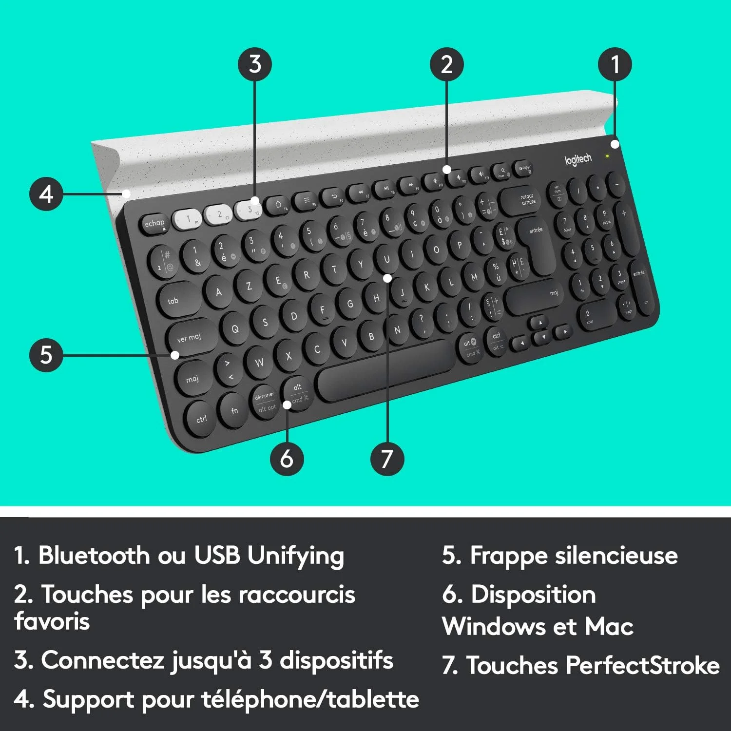 کیبورد بی‌سیم چند دستگاهی لاجیتک K780 برای ویندوز، اپل، اندروید یا کروم، بی‌سیم 2.4 گیگاهرتز و بلوتوث، بی‌صدا، PC/Mac/لپ‌تاپ/تلفن هوشمند/تبلت، طرح‌بندی QWERTY UK - خاکستری تیره/سفید