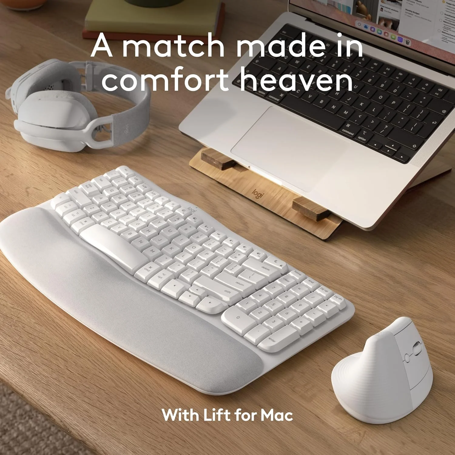 Logitech Wave Keys برای مک، صفحه کلید ارگونومیک بی سیم با تکیه گاه مچ دست نرم، تایپ طبیعی راحت، صفحه کلید بلوتوث، Easy-Switch، بهینه شده برای مک، اپل، آیپد - سفید مایل به کرم