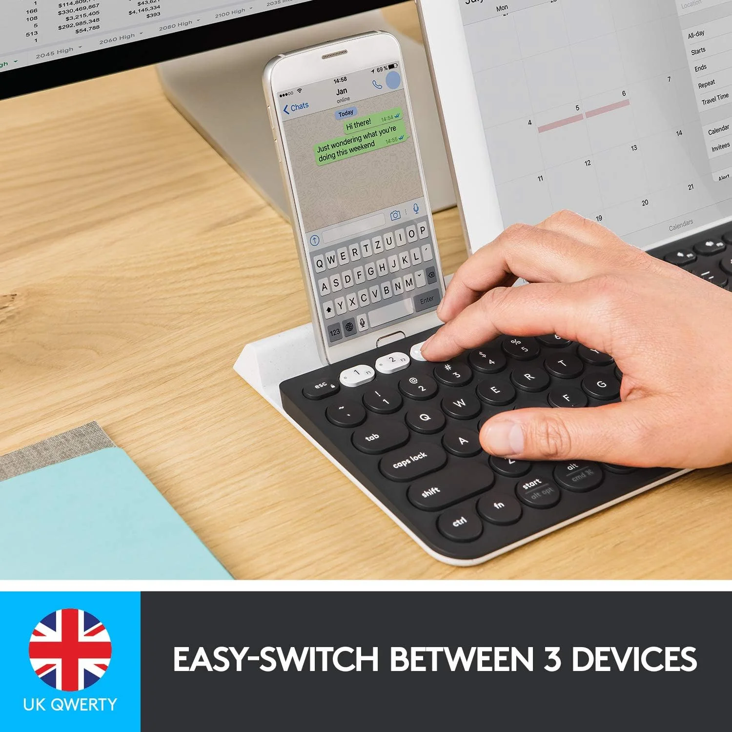 کیبورد بیسیم چند دستگاهی لاجیتک K780 برای ویندوز، اپل، اندروید یا کروم، بیسیم 2.4 گیگاهرتز و بلوتوث، بیصدا، PC/Mac/لپتاپ/تلفن هوشمند/تبلت خاکستری تیره/سفید، مشکی کیبورد بیسیم چند دستگاهی لاجیتک K780 برای ویندوز، اپل، اندروید یا کروم، بیسیم 2.4 گیگاهرتز و بلوتوث، بیصدا، PC/Mac/لپتاپ/تلفن هوشمند/تبلت خاکستری تیره/سفید، مشکی