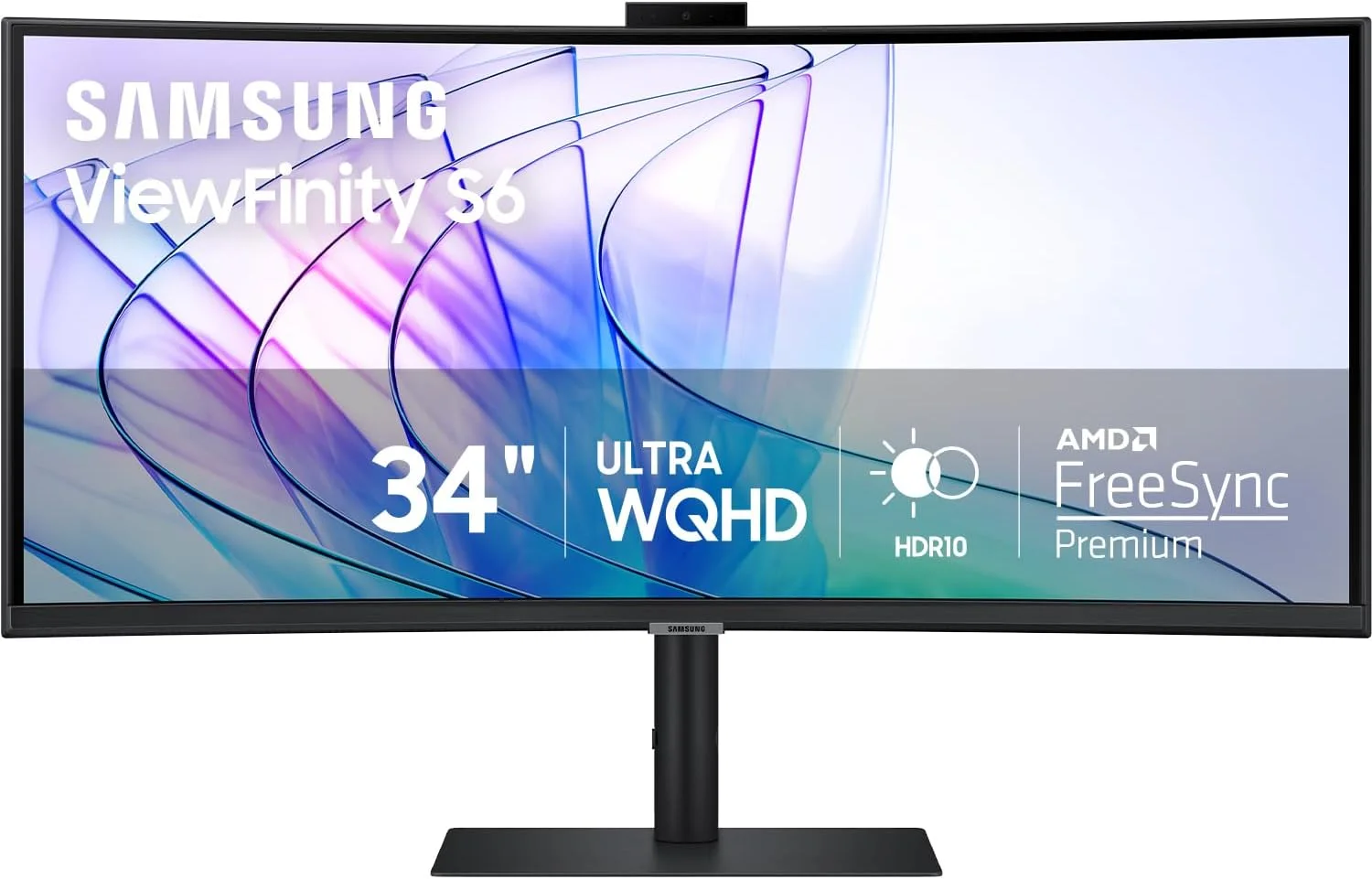 مانیتور خمیده فوق عریض 34 اینچی سامسونگ ViewFinity S65VC، دوربین FHD داخلی، HDR10، نرخ نوسازی 100 هرتز، 350 نیت، USB-C، پایه قابل تنظیم، مراقبت هوشمند از چشم، LS34C650VANXGO، مشکی