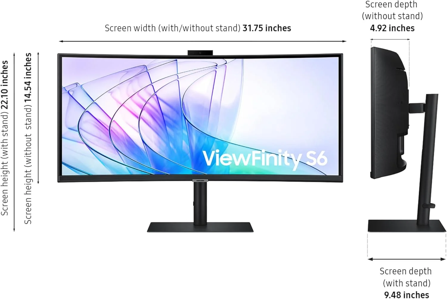 مانیتور خمیده فوق عریض 34 اینچی سامسونگ ViewFinity S65VC، دوربین FHD داخلی، HDR10، نرخ نوسازی 100 هرتز، 350 نیت، USB-C، پایه قابل تنظیم، مراقبت هوشمند از چشم، LS34C650VANXGO، مشکی