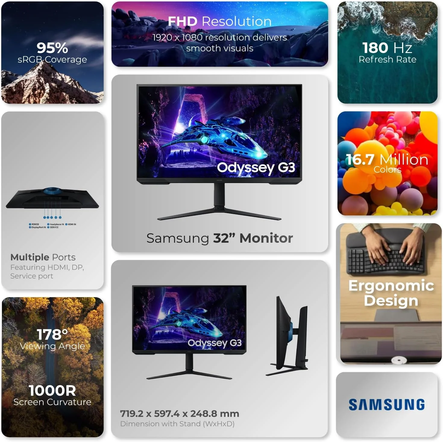 مانیتور 32 اینچ سامسونگ Odyssey G3 G30D FHD مدل 2025 – نرخ تازه‌سازی 180 هرتز، پنل VA، AMD FreeSync، مانیتور گیمینگ – شامل پایه هدست First Wave، وب‌کم، ماوس بی‌سیم و پد ماوس - LS32DG302EMXUE