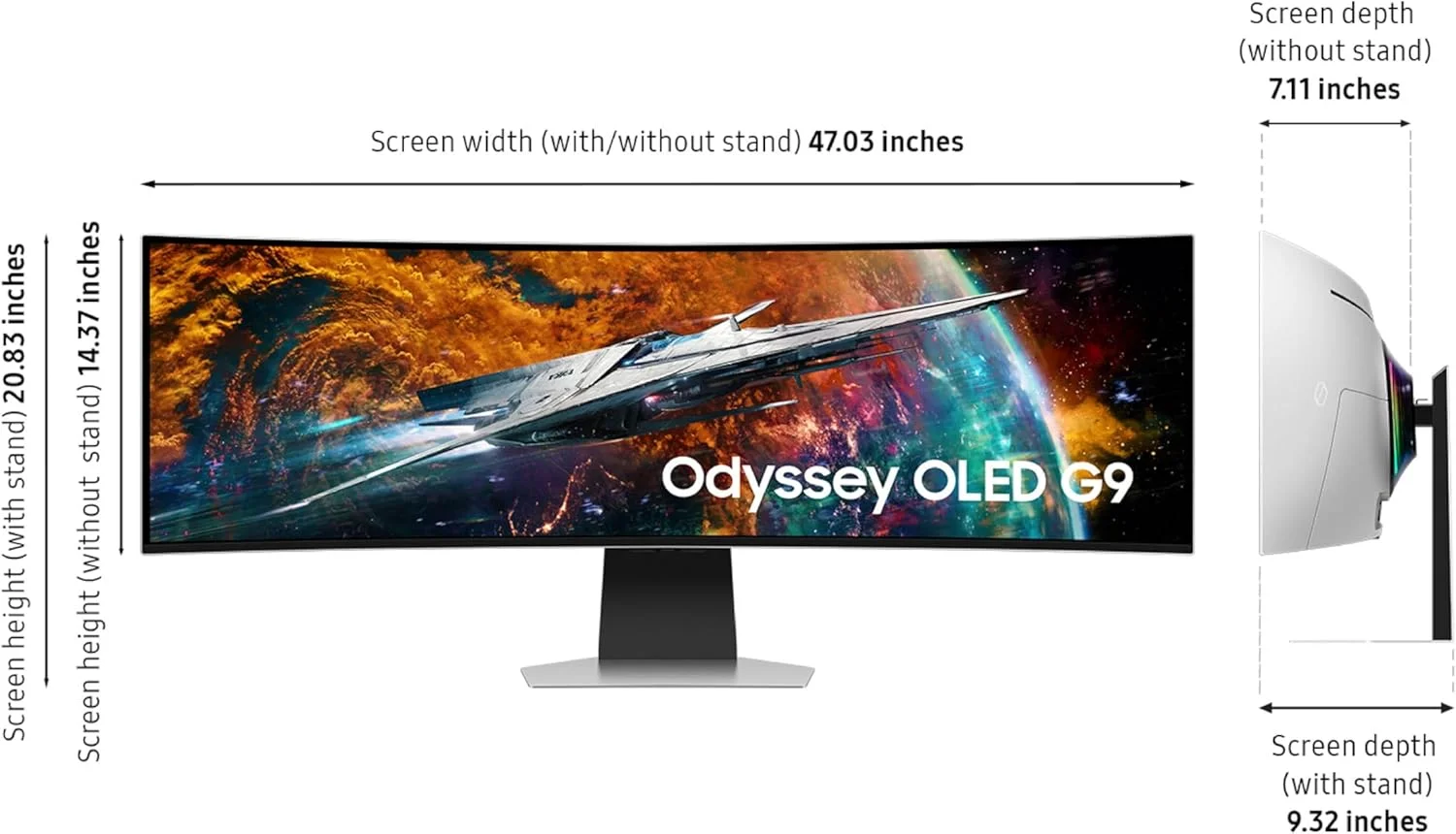 مانیتور گیمینگ هوشمند خمیده 49 اینچی سامسونگ Odyssey OLED G9 (G95SC) Series با QD-OLED، نرخ تازه‌سازی 240 هرتز، زمان پاسخ‌دهی 0.03 میلی‌ثانیه، AMD Freestyle Premium Pro، سازگار با G-Sync، Dual QHD، پردازنده Neo Quantum Pro، مدل LS49CG954SNXZA