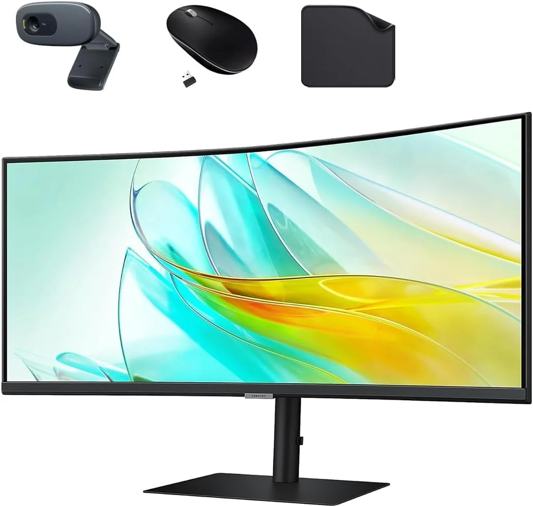 مانیتور خمیده تجاری 34 اینچی سامسونگ ViewFinity S65UC - رزولوشن 3440x1440، صفحه نمایش فوق عریض، بهره وری پیشرفته، طراحی شیک - شامل وب کم HD + ماوس بی سیم + پد ماوس